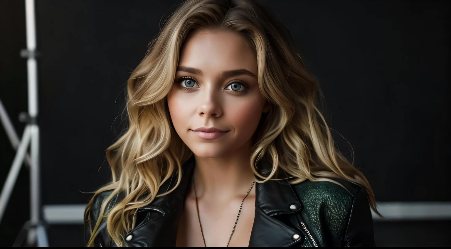 Elisabeth Olsen: Hyper realistic, full figure image ,of Elizabeth Olsen, (highly detailed face: 1.4) (smile: 0.7) (background inside a dark and moody private studio: 1.3) POV, by Lee Jeffries, Nikon D850, film photography, 4 kodak portra 400, f1.6 camera lens, rich colors, hyper realistic, realistic texture, dramatic lighting, cinestill 800, wavy hair, messy hair, curls, mocking smile, blonde hair, red locks, green eyes, white skin, black biker jacket, european expressions, european woman, european skin