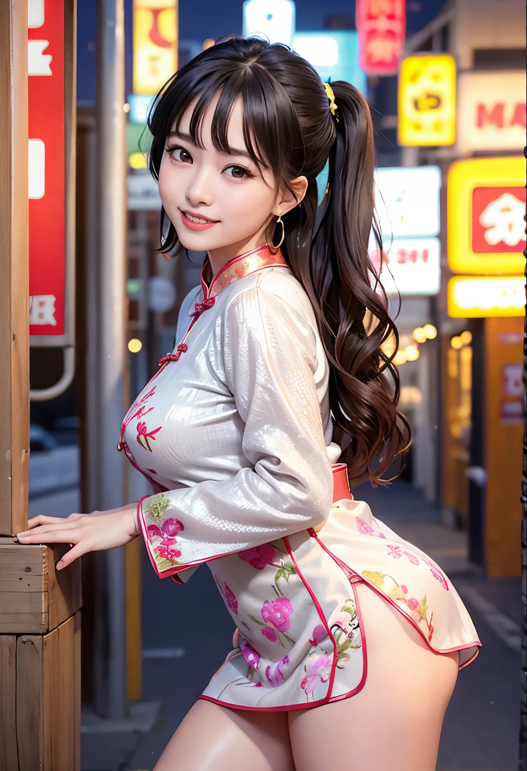 (highest quality,masterpiece:1.3,ultra high resolution),(Super detailed、caustics) (Photoreal:1.4, RAW shooting、)ultra-realistic capture、very detailed、natural skin texture、masterpiece、(Embroidered sequined cheongsam:1.3)、1 Japanese girl、adorable expression、expression of happiness、、young face、surprisingly cute、twin tails、curly hair、black hair、Scrunchie、earrings、necklace、light makeup、Big breasts that are about to burst、This photo was taken in front of a sex shop in the downtown area at night.、Shining thighs、Shooting from the side、Smile、inviting gaze、