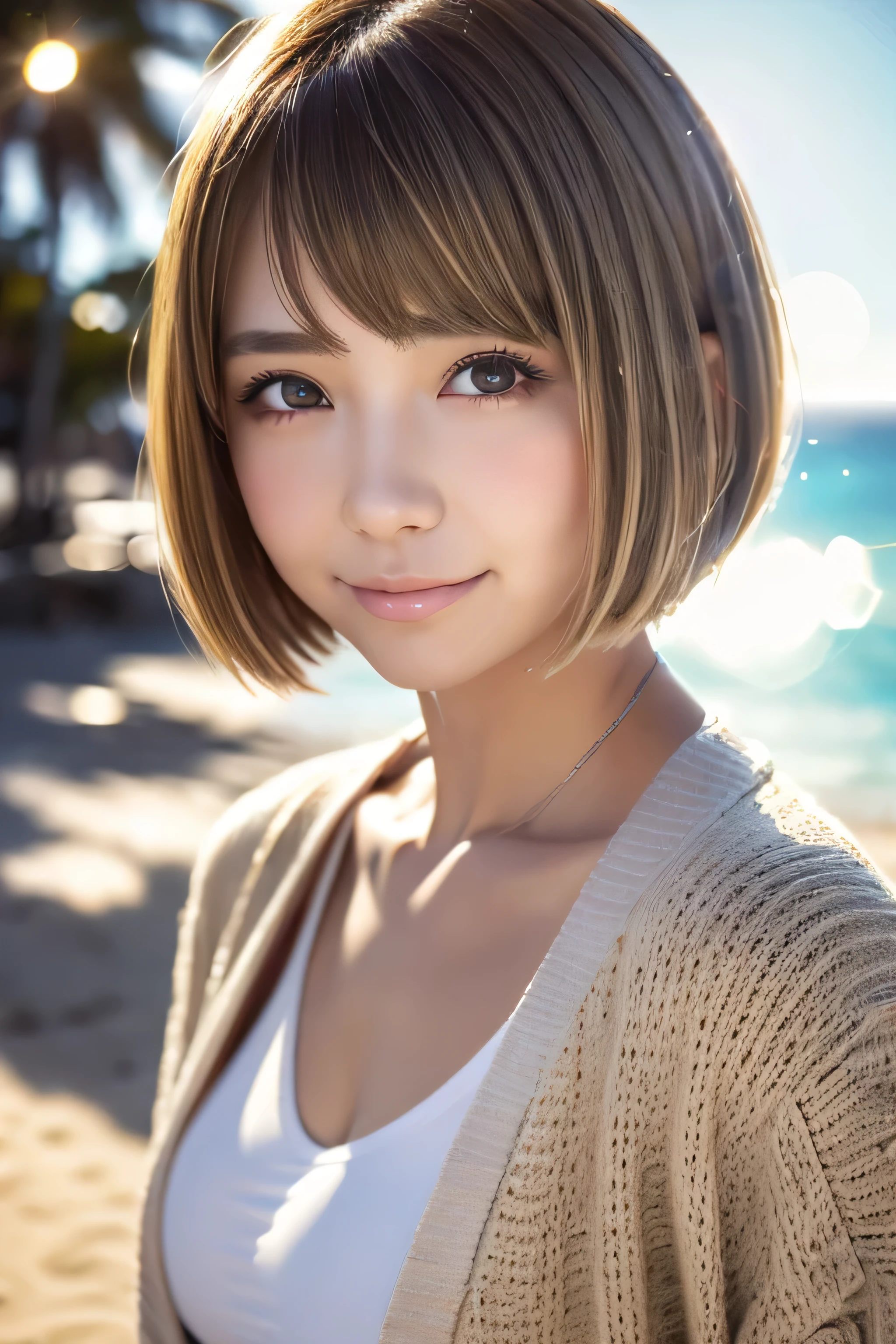 ((No makeup、close your mouth:1.2))、(realistic、Photoreal、super detailed、best detailed skins、highest quality、masterpiece、超A high resolution)、cute russian woman、17 years old、high school girl、young girl、1 girl、have bangs、ash blonde:1.7、double eyelid、drooling eyes、Japanese style face、purity、double teeth、realistic skin type、(I cut my hair short、Shaggy cut cardigan that bounces outwards:1.2).fluffy hair、red cheeks、Lighting from behind、I went to the beach in the middle of winter lol Waikiki Beach in Hawaii、In a gingham checked bikini、With a smile、((Lens flare:1.3))、Because I come from a snowy country、It's so hot www?It's time to take it off?