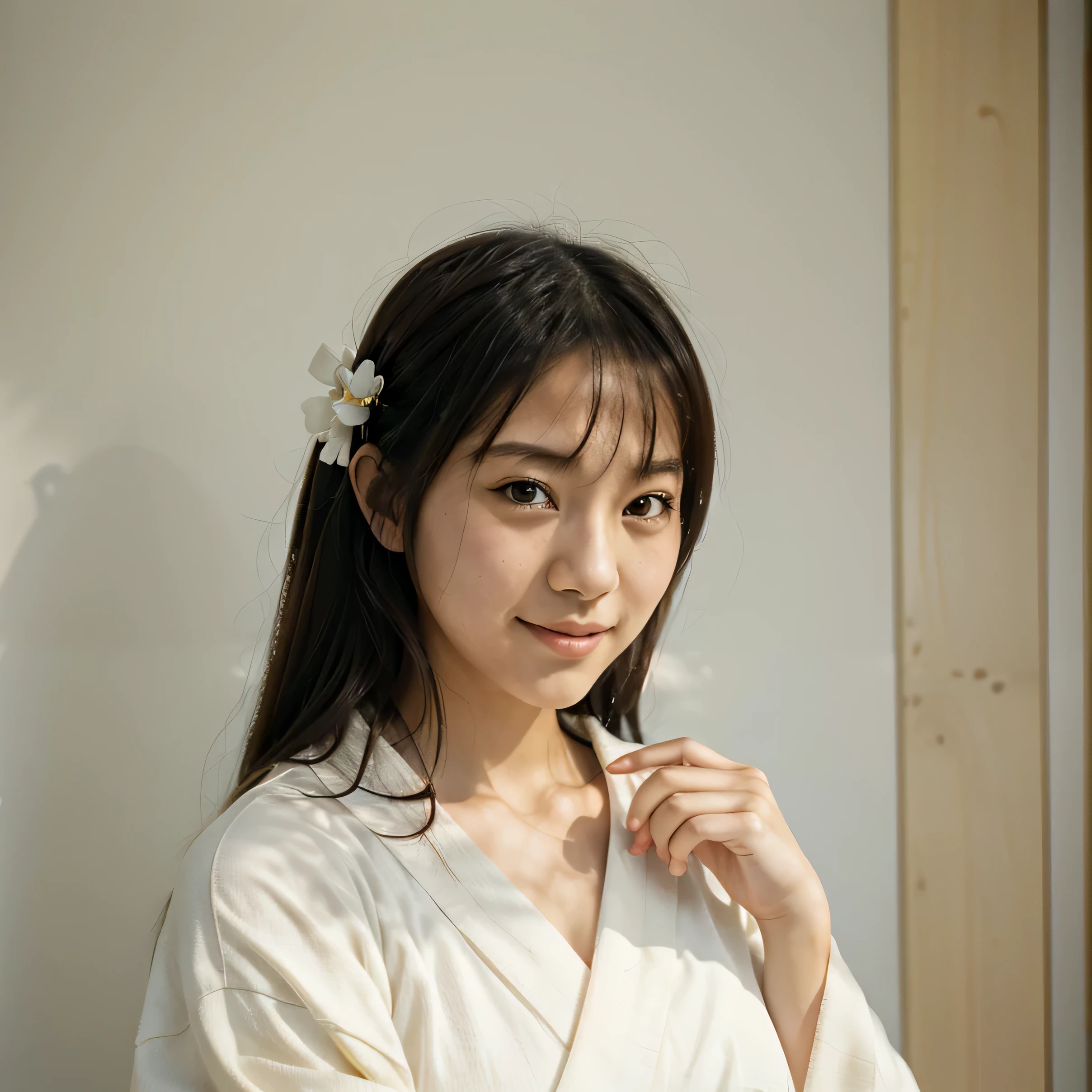 half body portrait of a very young Japanese girl Amanda Martine with large natural breasts shot on Kodak gold 400 film, white studio wall, facing forward, holding a pencil (Japanese girl Amanda Martine), wearing kimono, smiling