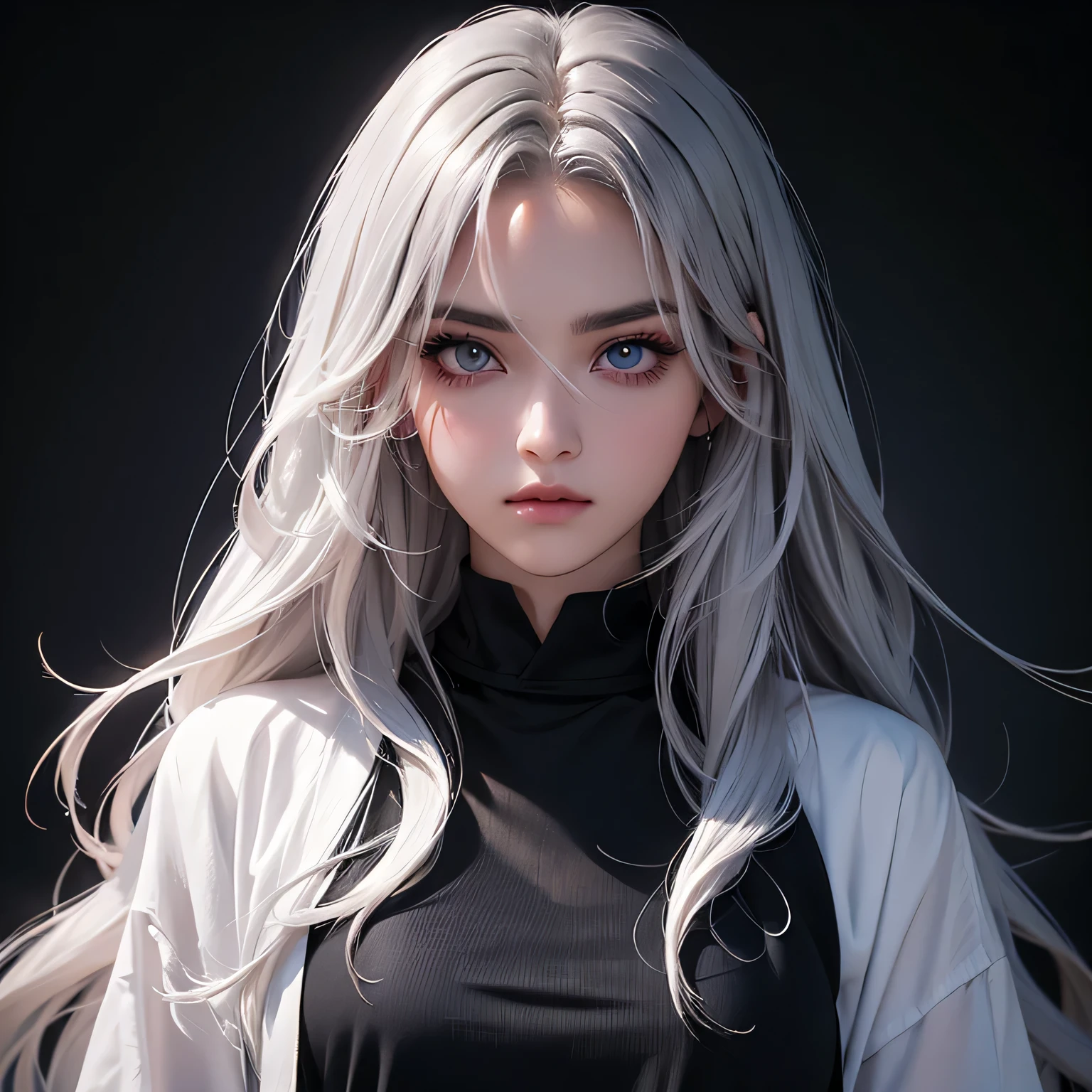 1girl, silver hair, long wavy hair, dark black color of eyes, monolid eyes, beautiful pretty lady, oversize shirt, upper body, sharp eyes, cold stares, wides lens, looking at viewer, photo studio