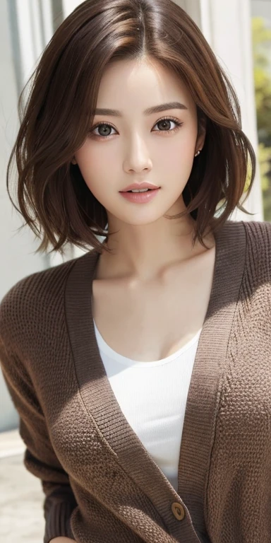 masterpiece、highest quality、High resolution、table top、wallpaper、realistic、bright lighting、professional lighting、face light、smooth lighting、japanese woman、adult、Beautiful woman、action、gravure、sexy、poor、super beautiful、beautiful skin、beautiful and detailed eyes、detailed face、slim、moderately、short hair、brunette colored hair、brown eyes、look at the camera、full body photo、 Cotton shirt、cardigan