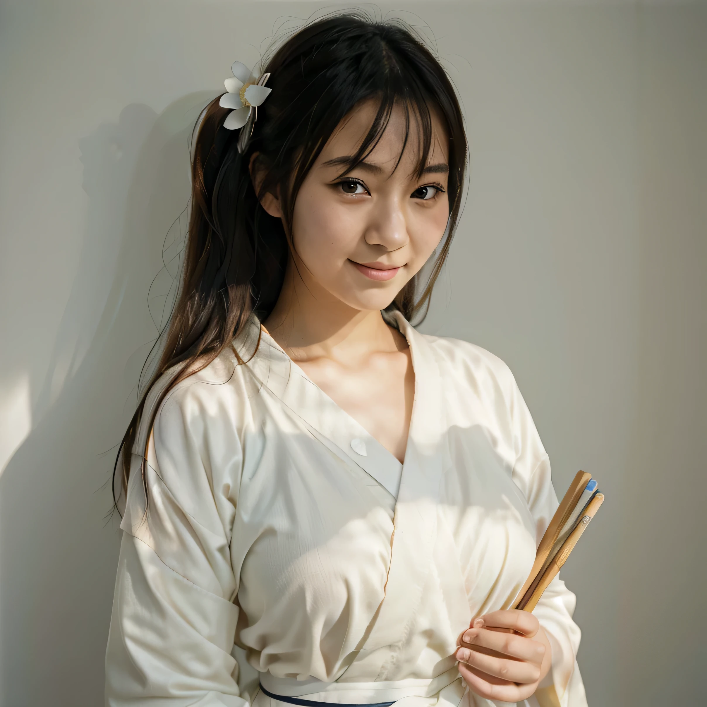 half body portrait of a very young Japanese girl Amanda Martine with large natural breasts shot on Kodak gold 400 film, white studio wall, facing forward, holding a pencil (Japanese girl Amanda Martine), wearing kimono, smiling