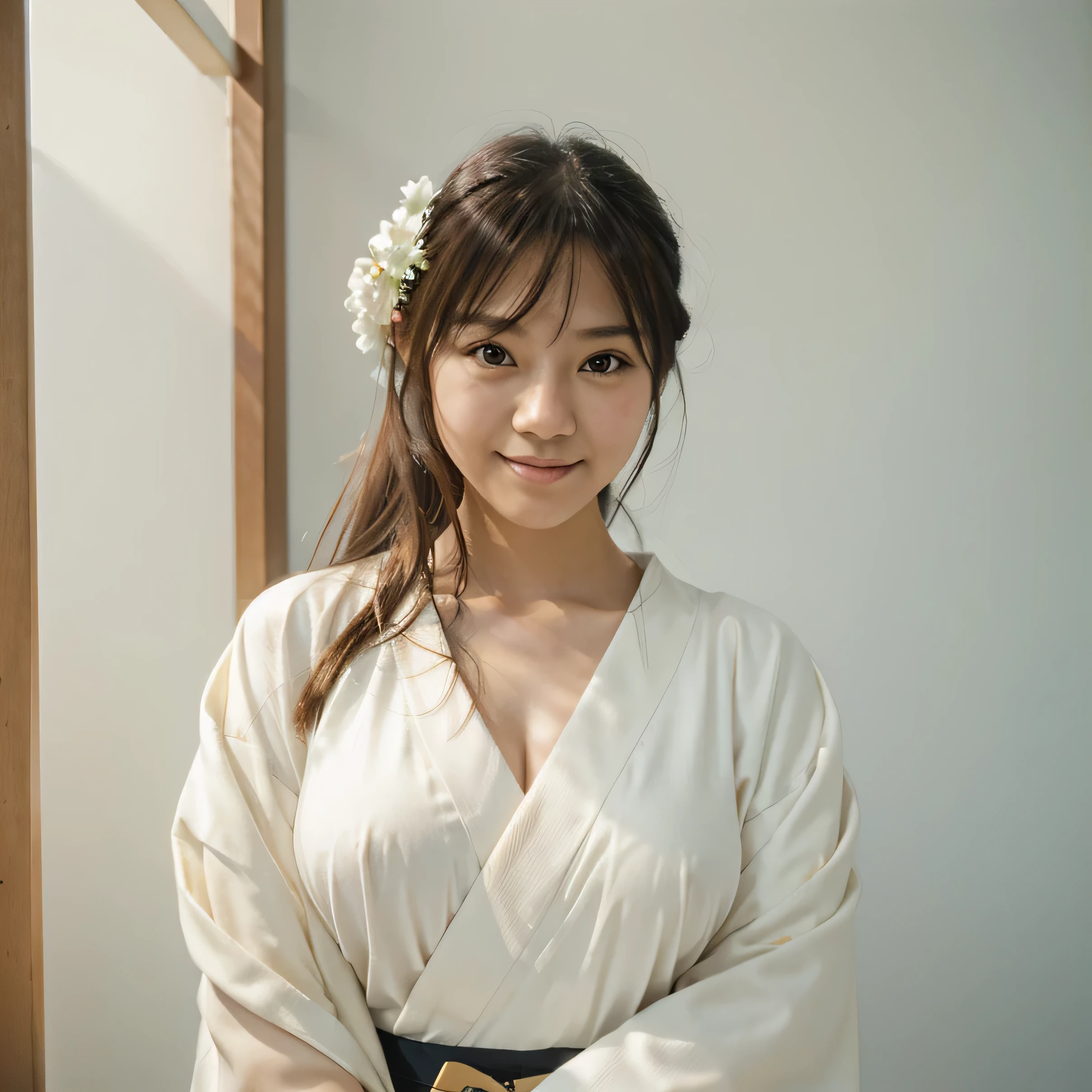 half body portrait of a very young Japanese girl Amanda Martine with large natural breasts shot on Kodak gold 400 film, white studio wall, facing forward, holding a pencil (Japanese girl Amanda Martine), wearing kimono, smiling