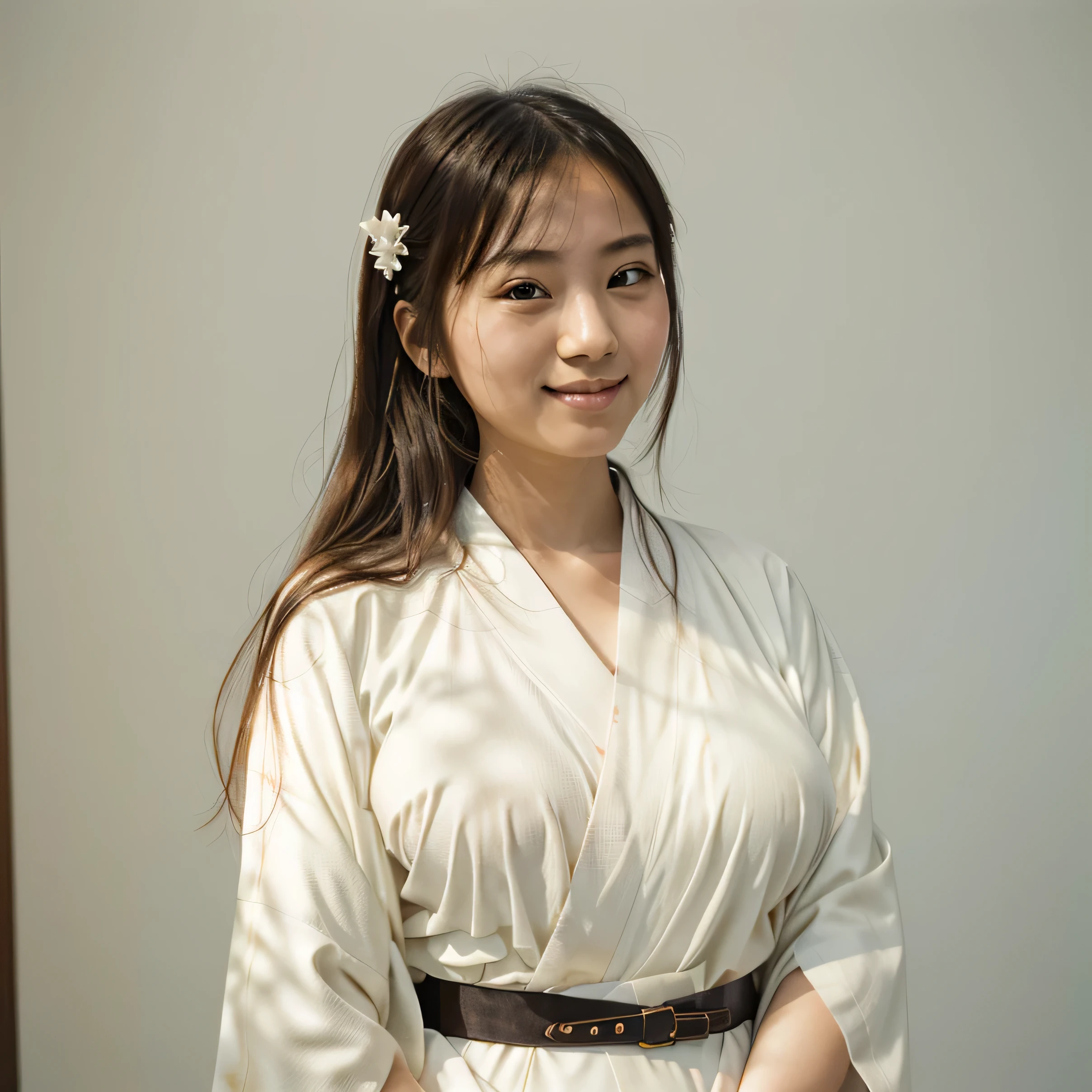 half body portrait of a very young Japanese girl Amanda Martine with large natural breasts shot on Kodak gold 400 film, white studio wall, facing forward, holding a pencil (Japanese girl Amanda Martine), wearing kimono, smiling