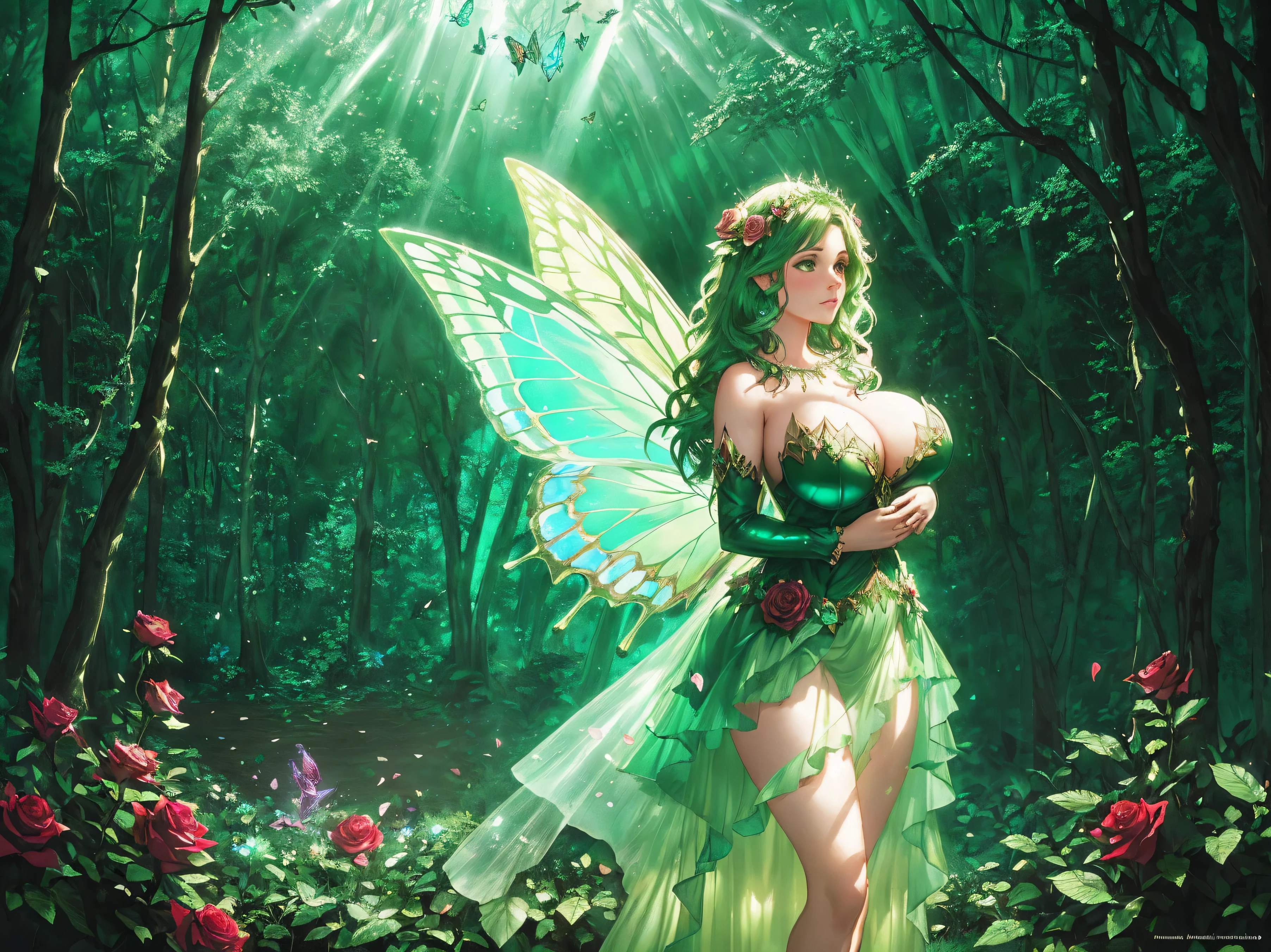 MILF, big tits, in glass, fairy, butterfly wings, dress e of rose petals and green leaves, glass standing on stump, forest, emerald, forest, flowers, god rays, Marc Simonetti, Tom Bagshaw, Greg Rutkowski, studio lighting, detail face HD