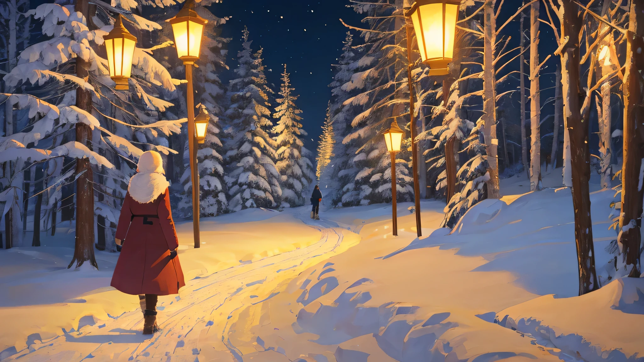 scene of a woman walking down a snow path in the woods during night with one lantern alight on the road