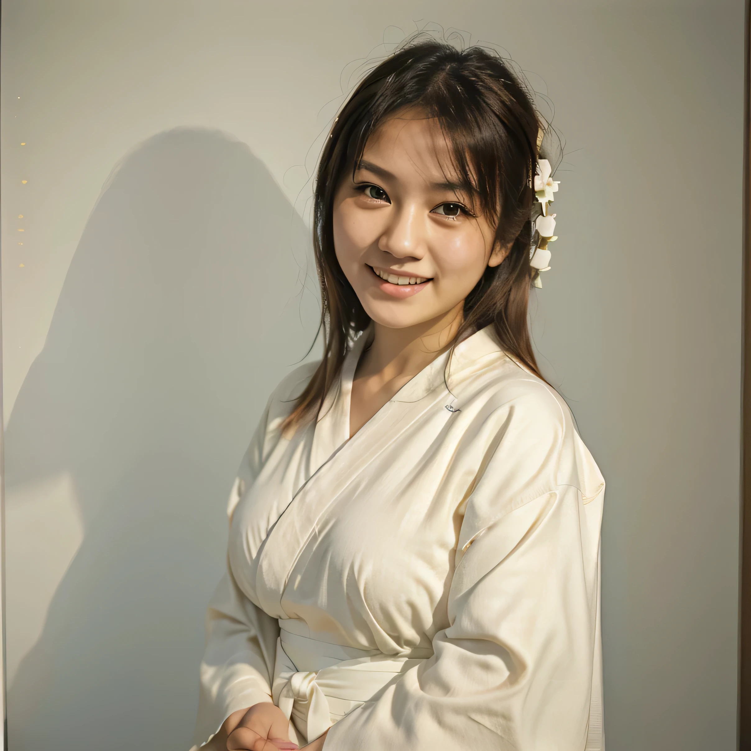 half body portrait of a very young Japanese girl Amanda Martine with large natural breasts shot on Kodak gold 400 film, white studio wall, facing forward, holding a pencil (Japanese girl Amanda Martine), wearing kimono, laughing