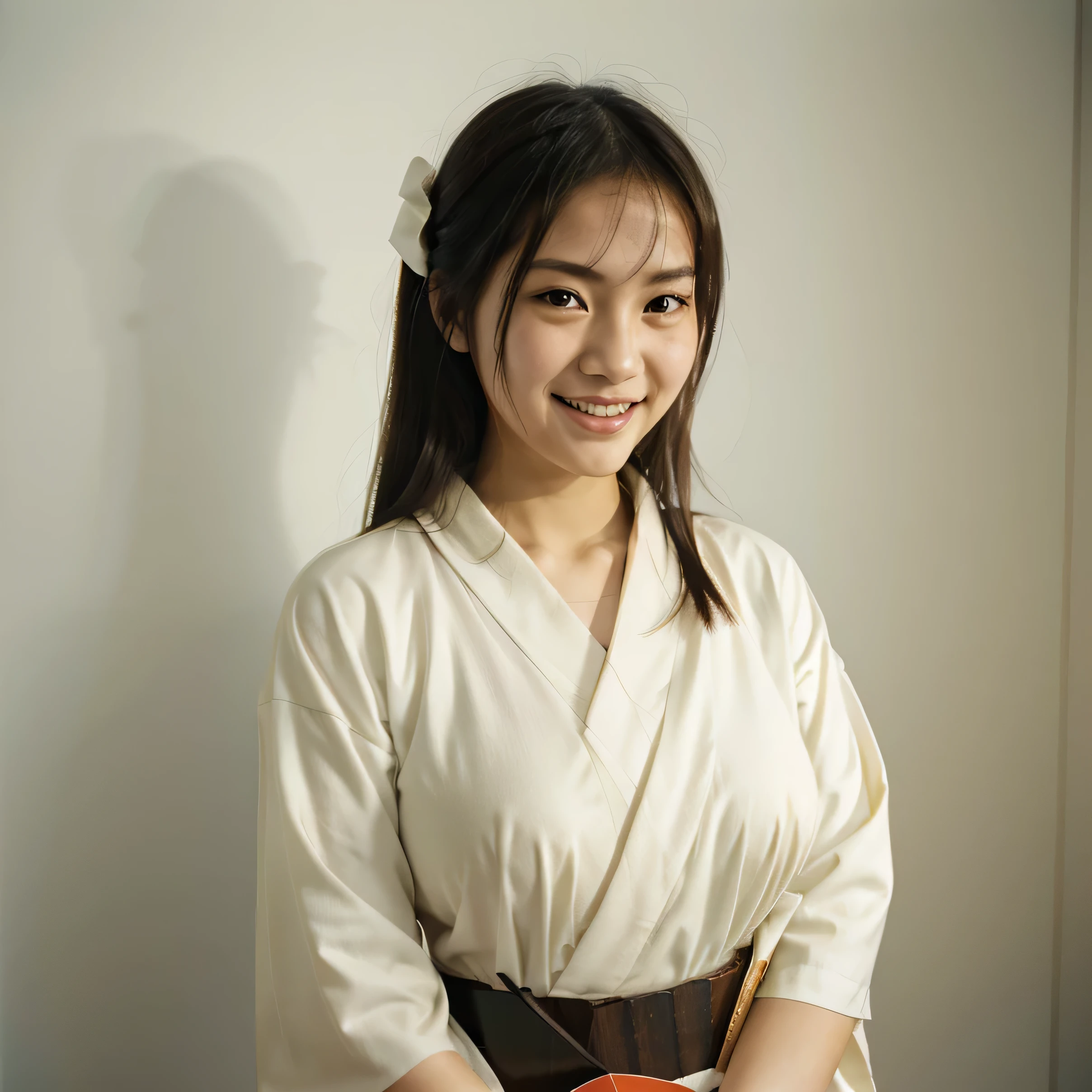 half body portrait of a very young Japanese girl Amanda Martine with large natural breasts shot on Kodak gold 400 film, white studio wall, facing forward, holding a pencil (Japanese girl Amanda Martine), wearing kimono, laughing