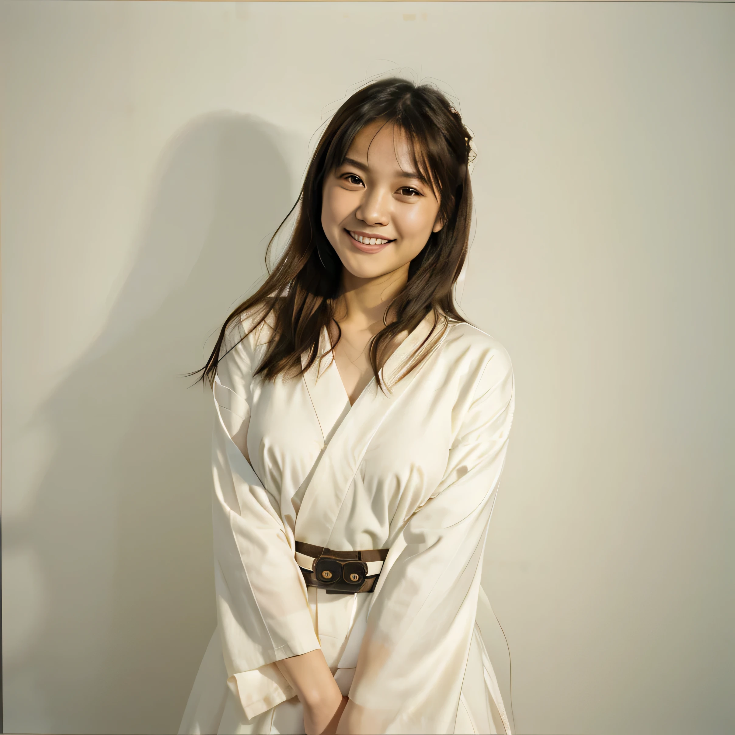 half body portrait of a very young Japanese girl Amanda Martine with large natural breasts shot on Kodak gold 400 film, white studio wall, facing forward, holding a pencil (Japanese girl Amanda Martine), wearing kimono, laughing