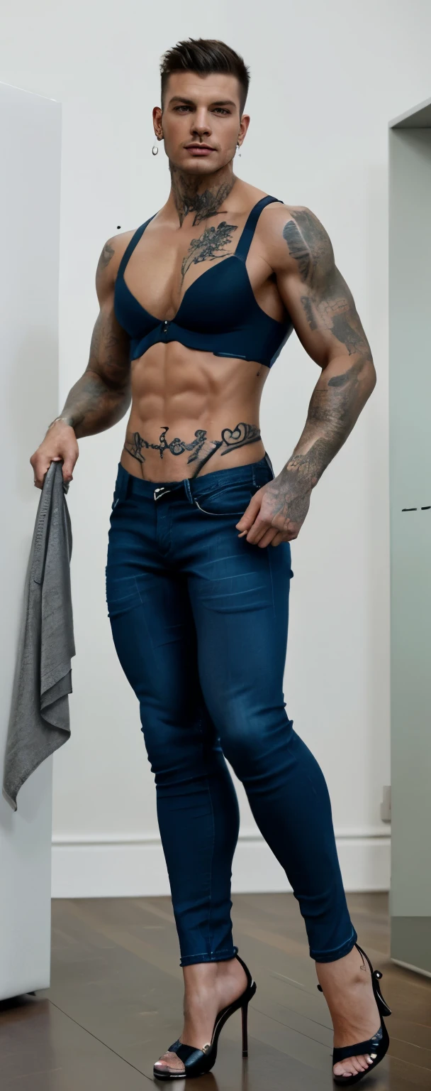 An Athletic hunk man with very short hair, vintage lingerie, glossy stockings, bra, very high stiletto heels with pointy toes, earrings, bra ,nylons and makeup, tight jeans