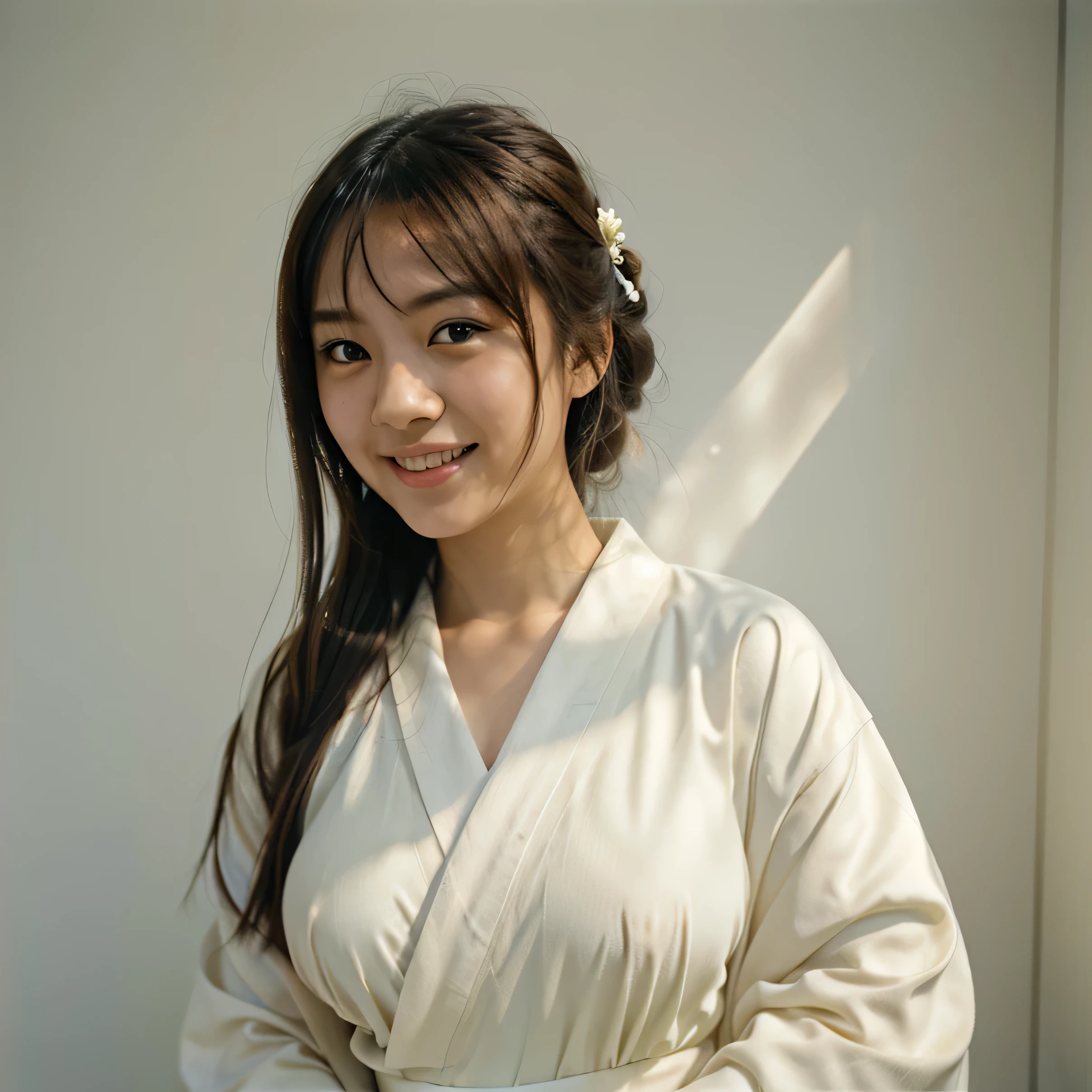 half body portrait of a very young Japanese girl Amanda Martine with large natural breasts shot on Kodak gold 400 film, white studio wall, facing forward, holding a pencil (Japanese girl Amanda Martine), wearing kimono, laughing