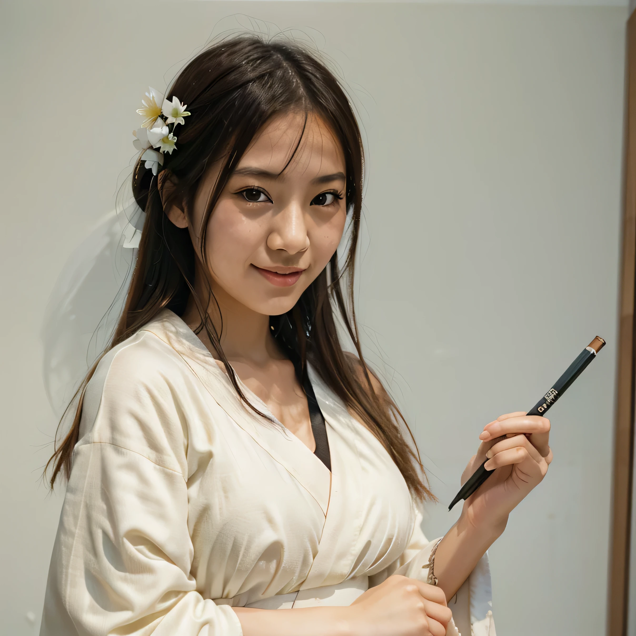 half body portrait of a very young Japanese girl Amanda Martine with large natural breasts shot on Kodak gold 400 film, white studio wall, facing forward, holding a pencil (Japanese girl Amanda Martine), wearing kimono, smiling