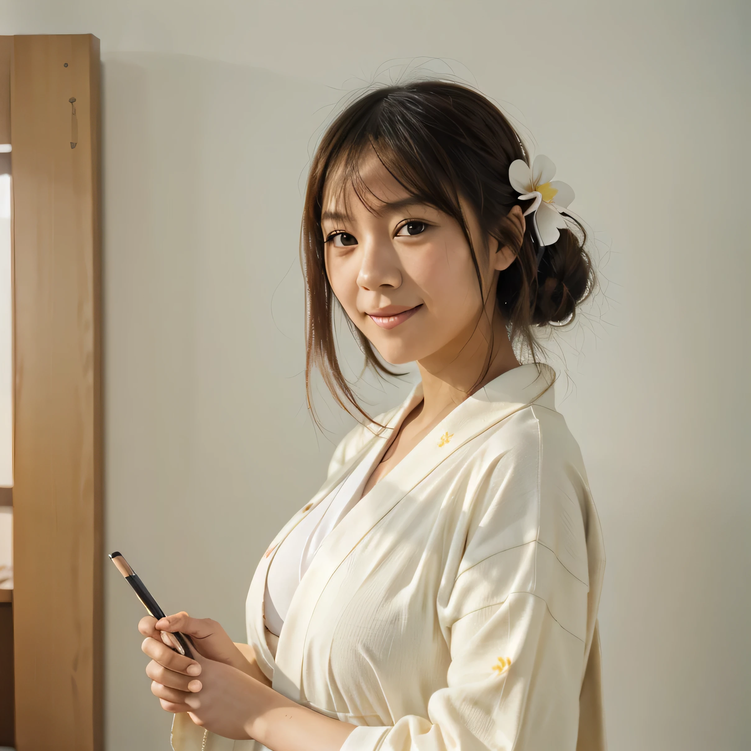 half body portrait of a very young Japanese girl Amanda Martine with large natural breasts shot on Kodak gold 400 film, white studio wall, facing forward, holding a pencil (Japanese girl Amanda Martine), wearing kimono, smiling