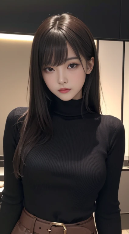masterpiece, 1 beautiful girl, detailed, eye swelling, highest quality, 超A high resolution, (reality: 1.4), original photo, 1 girl, movie lighting, (laughter,:0.5) Japanese, asian beauty, Korean, Proper, very very beautiful, a little young face, beautiful skin, thin, cyberpunk background, (超reality的な), (enlightenment), (High resolution), (8K), (非常にdetailedな), (The best enlightenmentns), (美しくdetailedな目), (超detailedな), (wallpaper), (detailedな顔), looking at the viewer, Detailed, detailed face、deep shadow、Inconspicuous、Pure erotic face ace_V1、46 point diagonal bangs、look straight ahead、(Dark red turtleneck low gauge knit blouse), Golden Buckle Belt, Dark brown leather pants, black eyes、