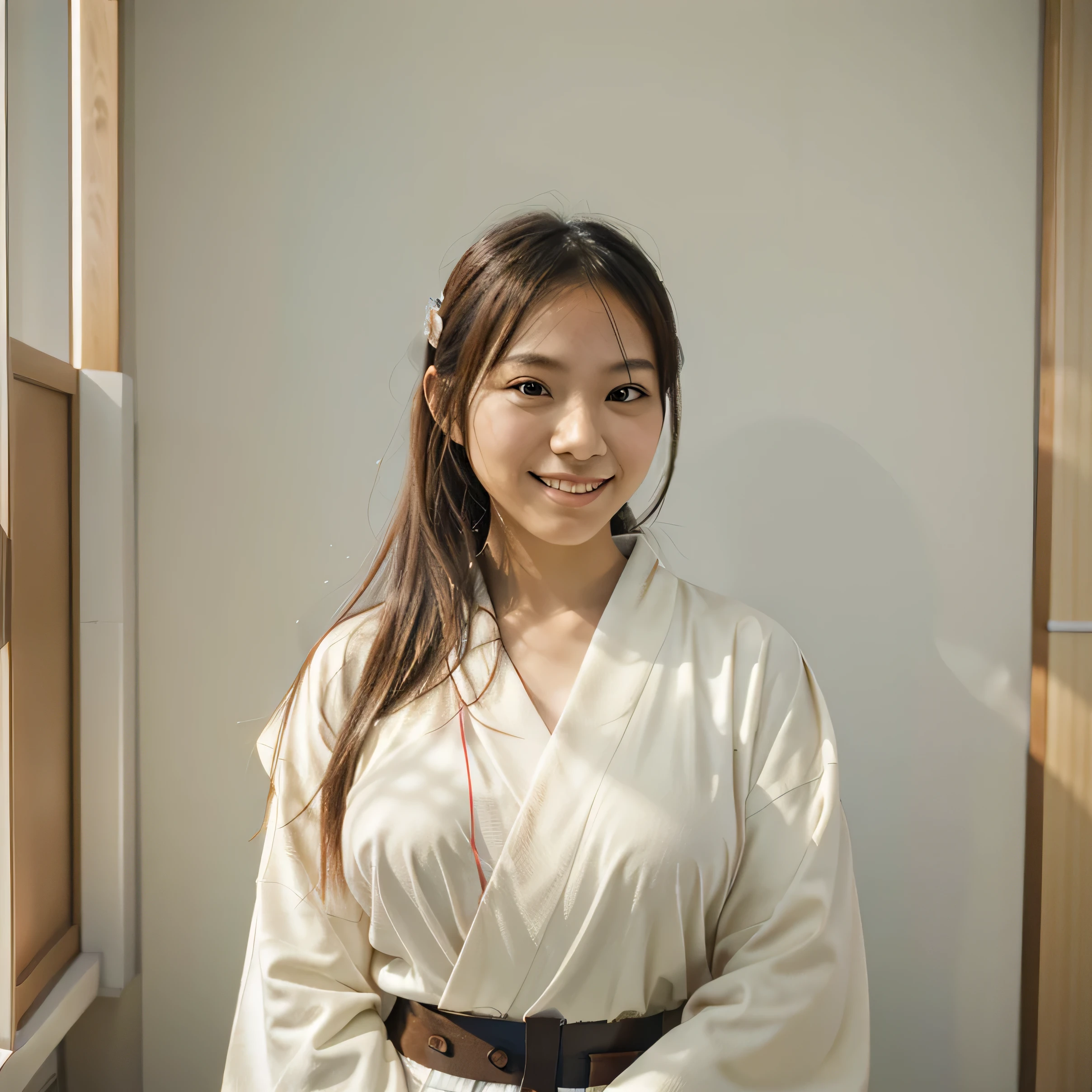 half body portrait of a very young Japanese girl Amanda Martine with large natural breasts shot on Kodak gold 400 film, white studio wall, facing forward, holding a pencil (Japanese girl Amanda Martine), wearing kimono, smiling