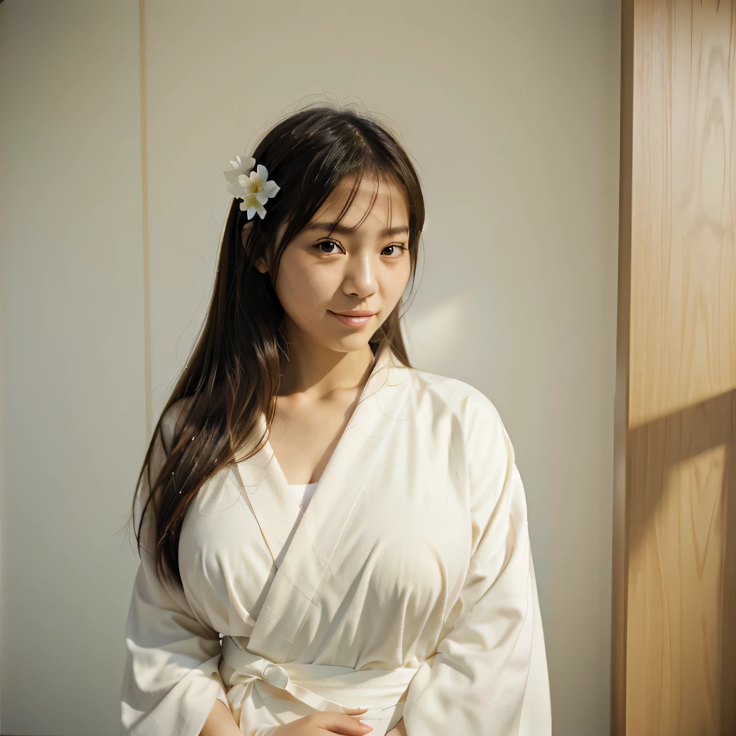 half body portrait of a very young Japanese girl Amanda Martine with large natural breasts shot on Kodak gold 400 film, white studio wall, facing forward, holding a pencil (Japanese girl Amanda Martine), wearing kimono, smiling