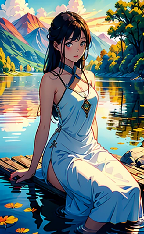 1 girl, serene expression, mesmerizing eyes, straight long hair, flowing dress, poised posture, porcelain skin, subtle blush, crystal pendant
BREAK
golden hour, (rim lighting):1.2, warm tones, sun flare, soft shadows, vibrant colors, painterly effect, dreamy atmosphere
BREAK
scenic lake, distant mountains, willow tree, calm water, reflection, sunlit clouds, peaceful ambiance, idyllic sunset, ultra detailed, official art, unity 8k wallpaper
, zentangle, mandala, ((Blushing)), (Misted Breath:1.6)