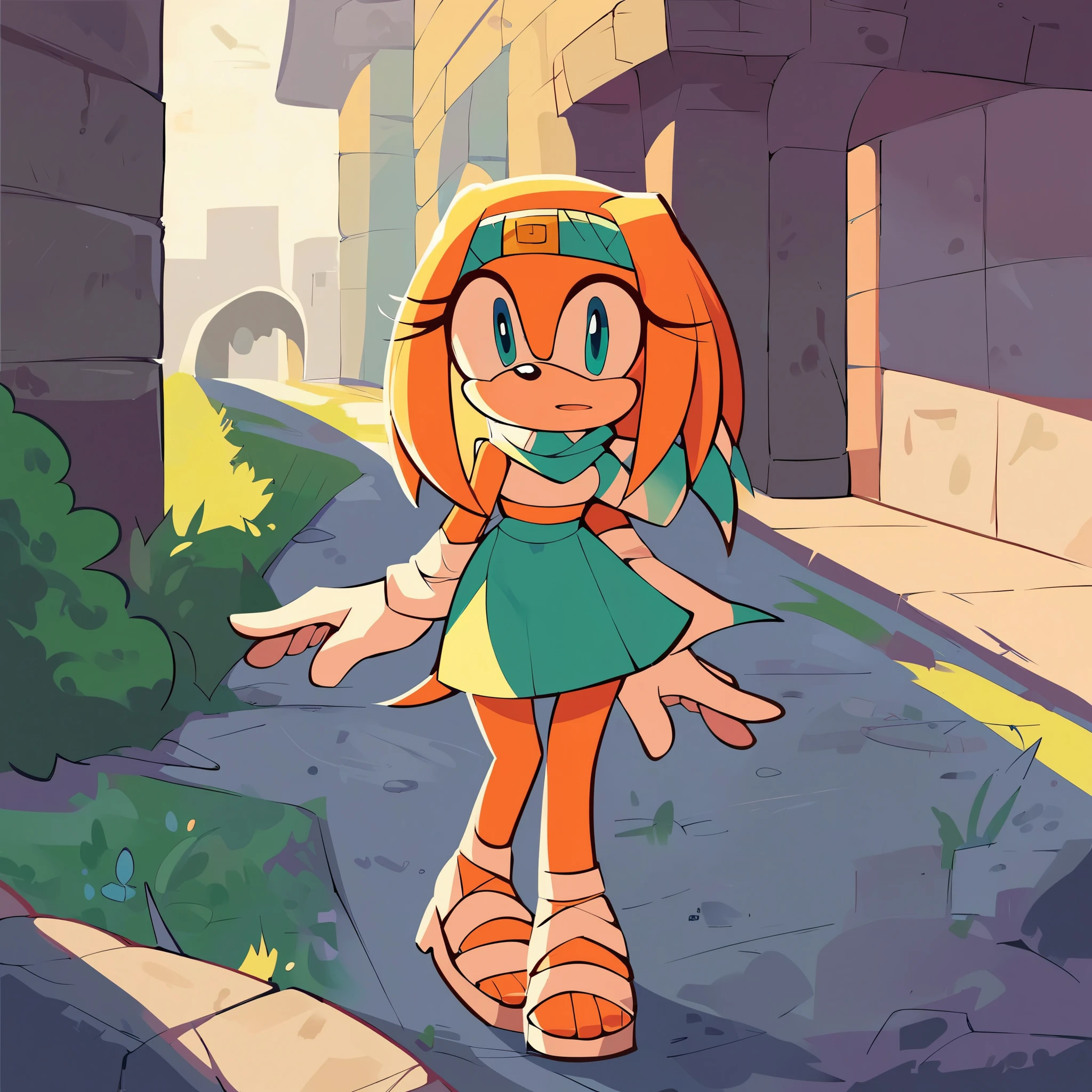 score_9, score_8_up, 2D, flat color, 1girl, solo, outdoors, tikal the echidna from the sonic the hedgehog series, wide hips, narrow waist, white heeled sandals, skirt, standing, cozy bedroom, puzzled expression, separate eyes, white long sleeve top, (light teal scarf), light teal skirt, (athletic light teal headband), average sized breasts, (casual clothing), looking at viewer