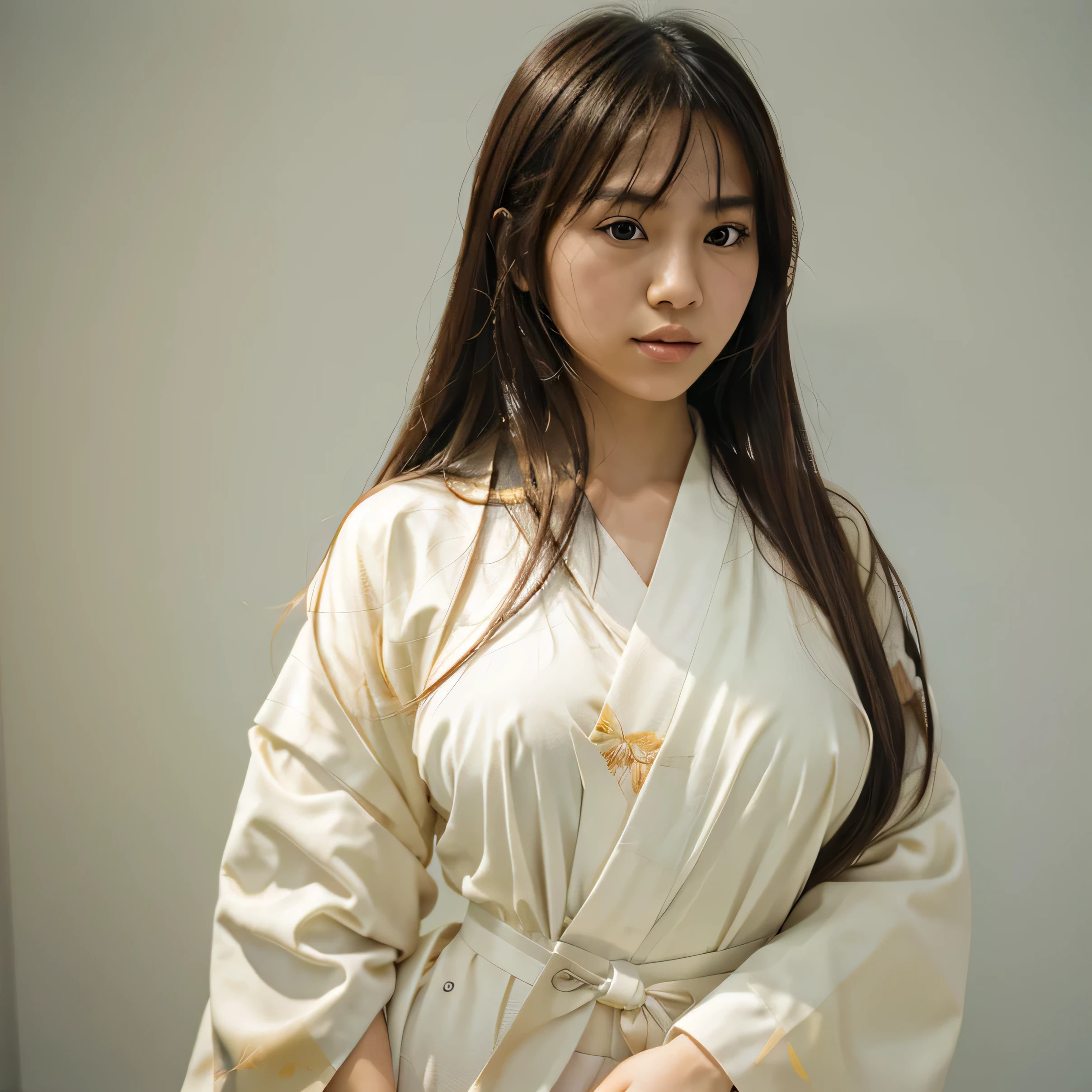 half body portrait of a very young Japanese girl Amanda Martine with large natural breasts shot on Kodak gold 400 film, white studio wall, facing forward, holding a pencil (Japanese girl Amanda Martine), wearing kimono