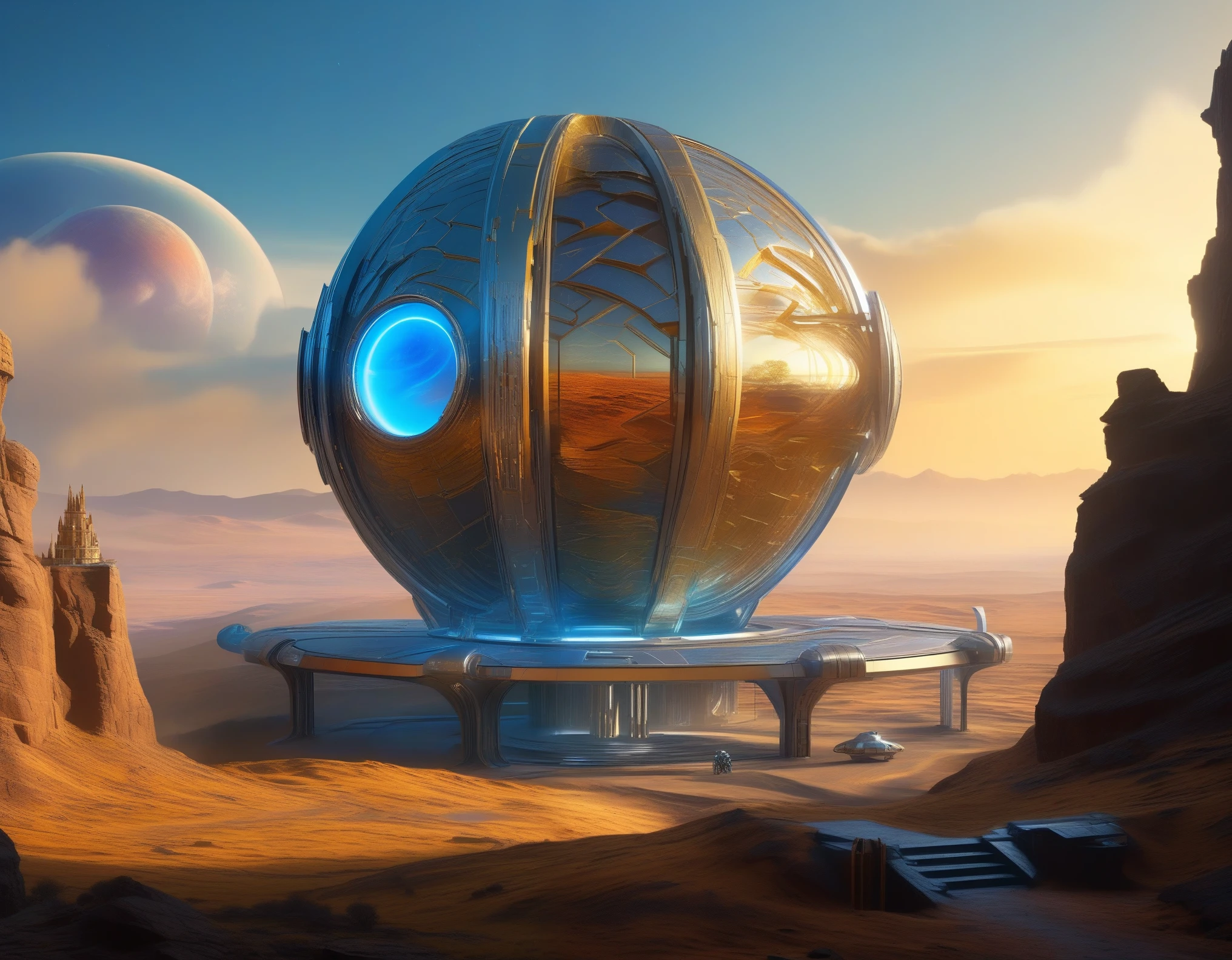 (landscape painting), (((science fiction))), (future technology, magic), fortress on another planet, magic circle, advanced energy, wall made from fluid metal, turret, graceful picture, drones, 32k, ((masterpiece, best quality, ultra-detailed, an extremely delicate and beautiful)), ((extremely detailed CG unity 8k wallpaper)), ((award winning, ccurate, UHD, textured skin, chromatic aberration, perfect , golden ratio)), (concept art), (exquisite attention to detail), ((perfect_composition, perfect_design, perfect_layout, perfect_detail, ultra_detailed)), ((aesthetic harmony))