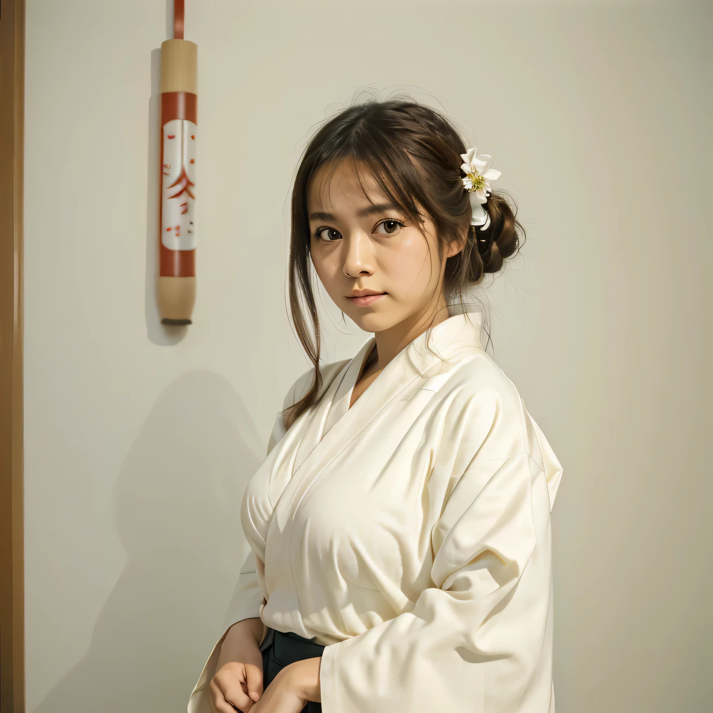 half body portrait of a very young Japanese girl Amanda Martine with large natural breasts shot on Kodak gold 400 film, white studio wall, facing forward, holding a pencil (Japanese girl Amanda Martine), wearing kimono