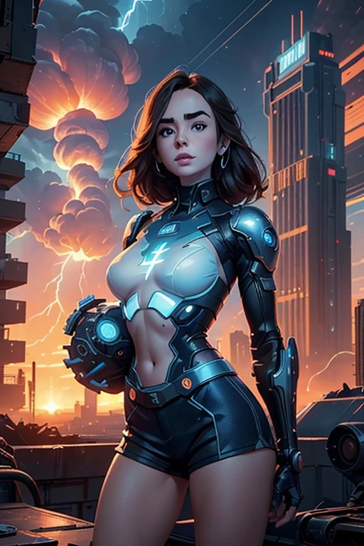 Lily Collins,Tall figure,skin,Upper body shortedium shorts,Complex workmanship,icon,company logo,Emit blue light,background with,future technology,cyberpunk city,Large mechanical building,big gear,doomsday ruins,giant tornado,Blue sky and white clouds,lightning thunder,sunset fire cloudultiple planets,end of the world,giant tornado