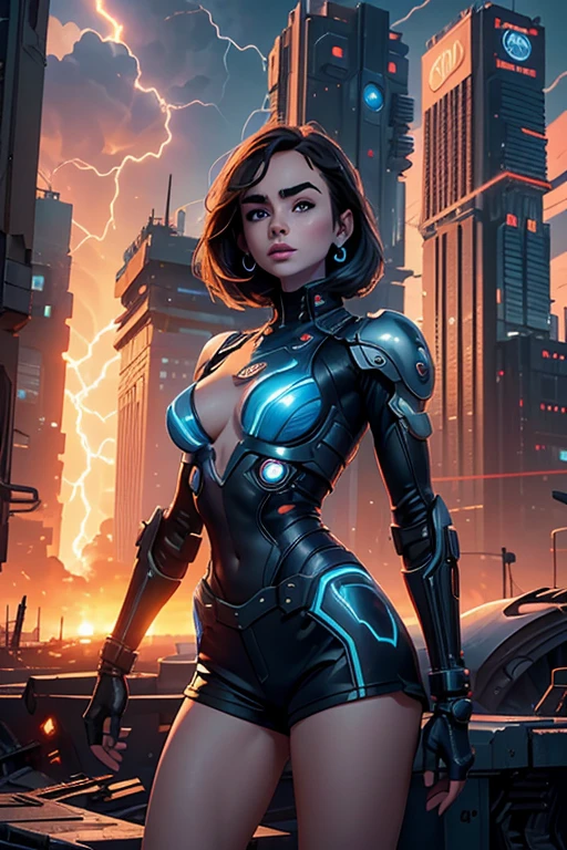 Lily Collins,Tall figure,skin,Upper body shortedium shorts,Complex workmanship,icon,company logo,Emit blue light,background with,future technology,cyberpunk city,Large mechanical building,big gear,doomsday ruins,giant tornado,Blue sky and white clouds,lightning thunder,sunset fire cloudultiple planets,end of the world,giant tornado