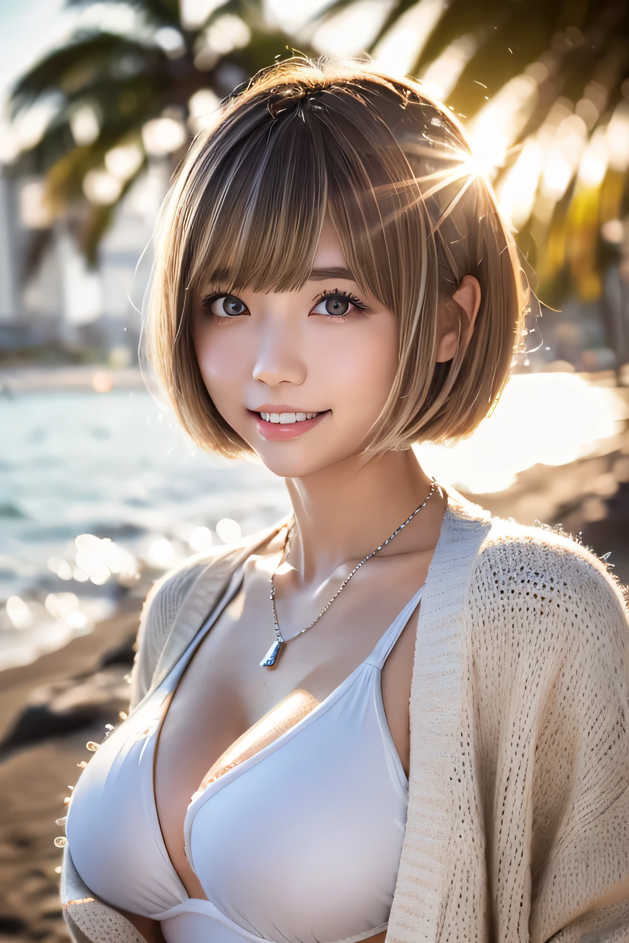 ((swimsuit、No makeup、G cup、big breasts、silver necklace、close your mouth:1.2))、(realistic、Photoreal、super detailed、best detailed skins、highest quality、masterpiece、超A high resolution)、cute russian woman、、high school girl、young girl、1 girl、have bangs、ash blonde:1.7、double eyelid、drooling eyes、Japanese style face、purity、double teeth、realistic skin type、(I cut my hair short、Shaggy cut cardigan that bounces outwards:1.2).fluffy hair、red cheeks、Lighting from behind、I went to the beach in the middle of winter lol Waikiki Beach in Hawaii、In a gingham checked bikini、With a smile、((Lens flare:1.3))、Because I come from a snowy country、It's so hot www?It's time to take it off?