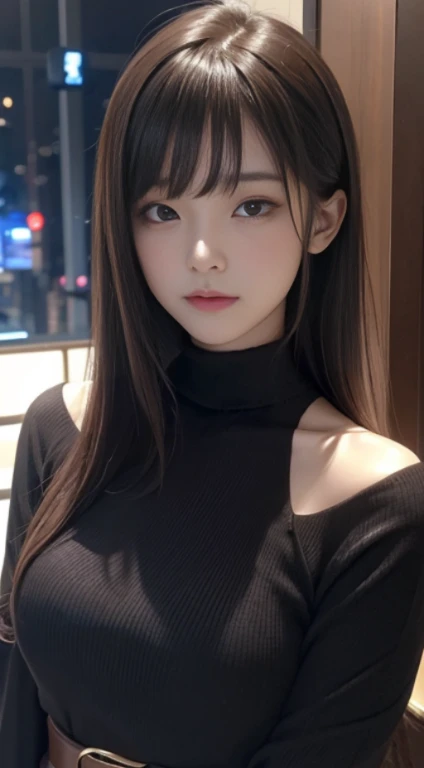masterpiece, 1. Beautiful Girls, detailed, Swollen eyes, highest quality, high resolution, (reality: 1.4), Original photo, One girl, Cinema lighting, (Sad Laugh,:0.7) Japanese, Asian Beauty, Korean, Proper, Very very beautiful, a little young face, Beautiful Skin, thin, Cyberpunk Background, (超reality的な), (Awareness-raising), (High resolution), (8K), (非常にdetailedな), (The best Awareness-raisingns), (美しくdetailedな目), (超detailedな), (wallpaper), (detailedな顔), Watching the audience, Detailed, Detailed face、Deep Shadow、Inconspicuous、Pure Erotic Face Ace_V1、46 point diagonal bangs、Look straight ahead、(Dark red turtleneck low gauge knit blouse), Golden Buckle Belt, Dark brown leather pants, Black colored eyes、