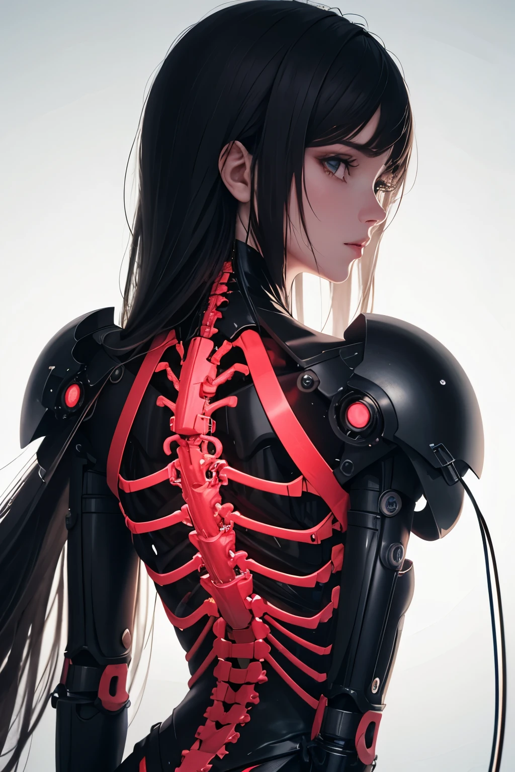 1 mechanical girl,((detalhes ultra realistas)), retrato, Global illumination, Sombras, octane rendering, 8k, Ultra sharp,metal,intrincado, ornamentos detalhados, cores frias, Egyptian detail, highly intrincado details, luz realista, trends at cgsociety, olhos brilhantes, front camera, neon details, mechanical members,blood vessels connected to tubes,mechanical vertebra attached to the back,mechanical cervical attaching to the neck,sentado,Wires and cables connected to the head