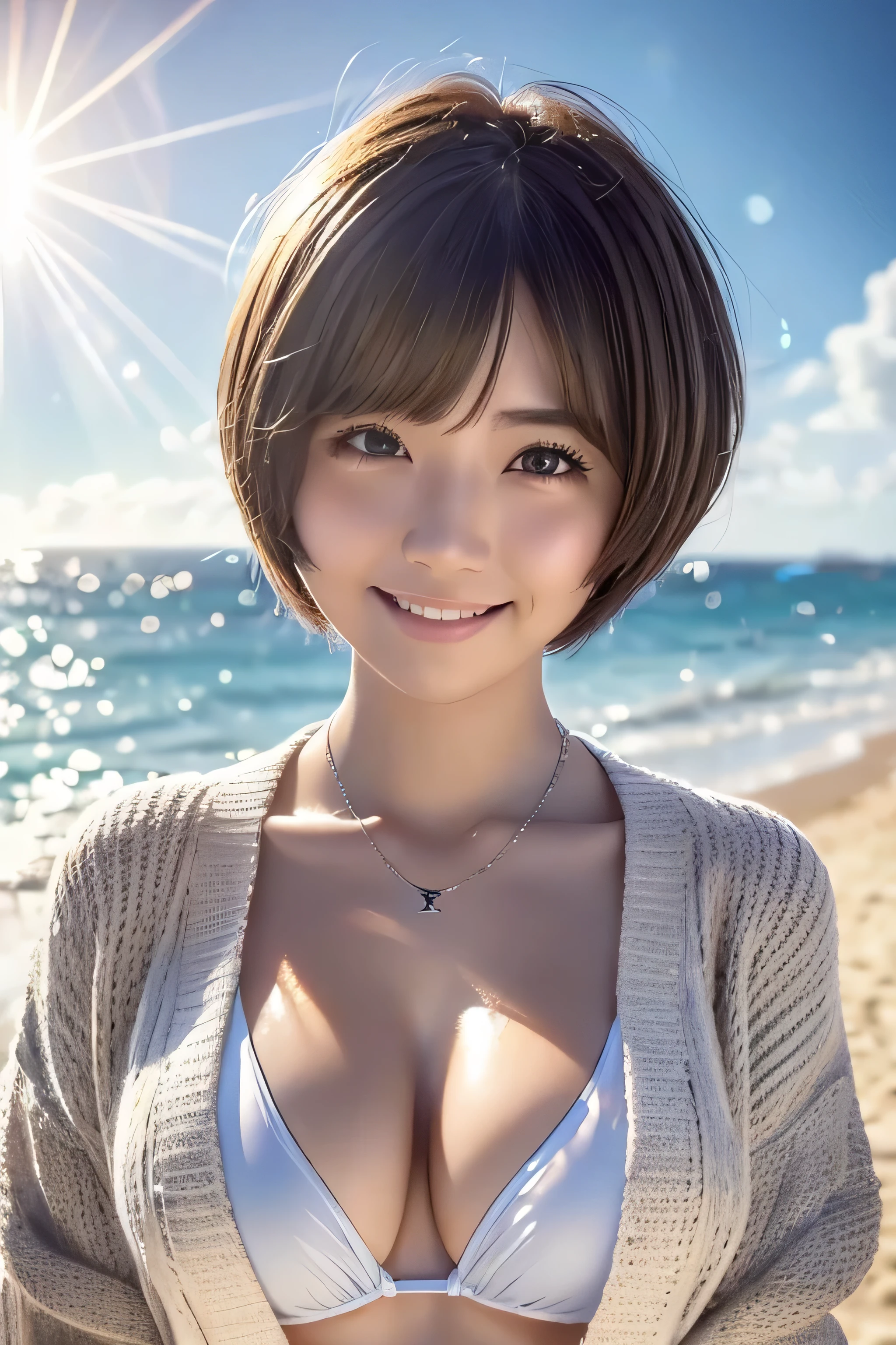((swimsuit、No makeup、G cup、big breasts、silver necklace、close your mouth:1.2))、(realistic、Photoreal、super detailed、best detailed skins、highest quality、masterpiece、超A high resolution)、cute russian woman、、high school girl、young girl、1 girl、have bangs、ash blonde:1.7、double eyelid、drooling eyes、Japanese style face、purity、double teeth、realistic skin type、(I cut my hair short、Shaggy cut cardigan that bounces outwards:1.2).fluffy hair、red cheeks、Lighting from behind、I went to the beach in the middle of winter lol Waikiki Beach in Hawaii、In a gingham checked bikini、With a smile、((Lens flare:1.3))、Because I come from a snowy country、It's so hot www?It's time to take it off?
