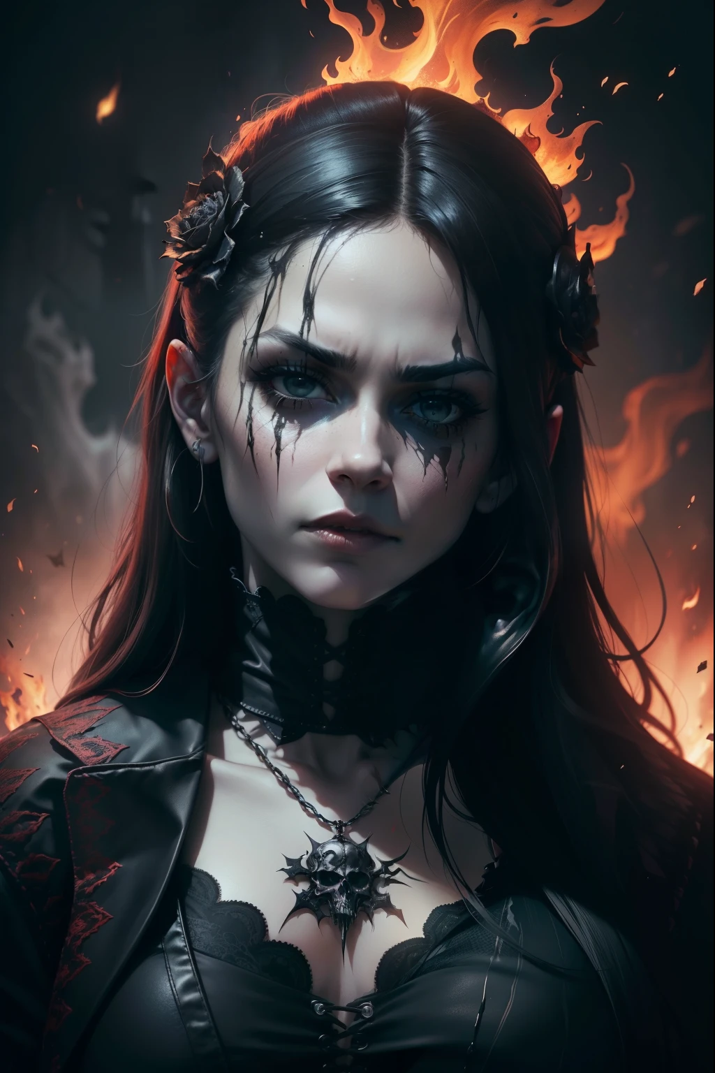 (best quality,4k,8k,highres,masterpiece:1.2),ultra-detailed,(realistic,photorealistic,photo-realistic:1.37),dark colors,death metal,CD cover,hand-drawn style,gruesome,horror,skull,fire,band logo,fierce,wild,despair,aggressive,vibrant,riotous,chaotic,surreal,ominous atmosphere,demonic,sharp focus,fine line work,Gothic elements,splatter effect,black and white,macabre,fiery background,eerie lighting,haunting,ominous,thrilling,artistic expression.
