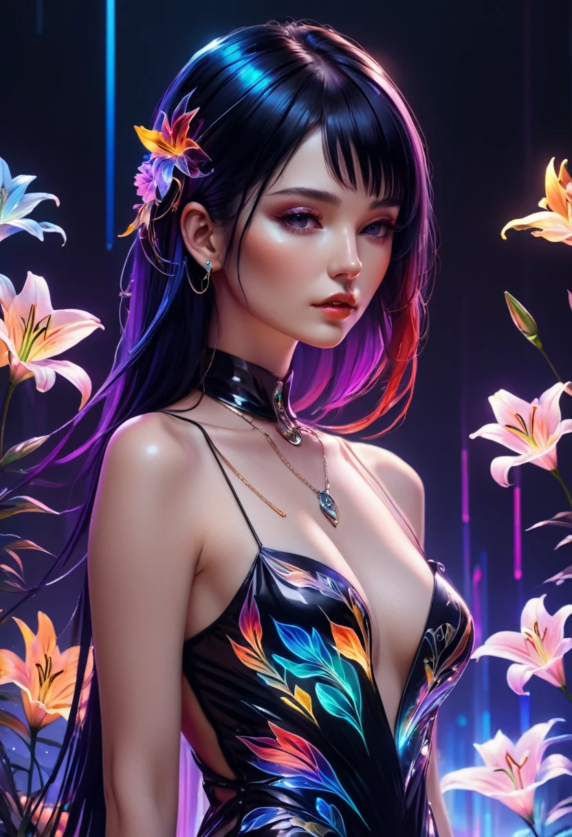 ((One, 1 girl, tattoos, glowing tattoos, brilliant, white-fluffy 16+), (skull, Flowers), (black transparent dress-clothing)), (sexual, erotic)) _((Delicate scarlet lips), (straight black hair - long, basic moments, blue, cascade), (multi-colored brilliant hair), (cool shine, Wet straight hair))_((stylization; clear line, clear outline, high quality line drawing, shading))_((simple color palettes), (color fill, Color saturation, saturation, harmony, balance), (rich pastel colors, Pure colors), (cyberpunk))_((sexual, erotic), (simple, Minimum accessories), (Necklaces and thin rings made of silver or gold.), (simple bracelets, unusual designs, simple silhouettes), (erotic style))_((background),(abstract minimalism), (stunning cybernetic Flowers), ( lilies, extremely unusual, long stems - large stems, skull, Flowers)).