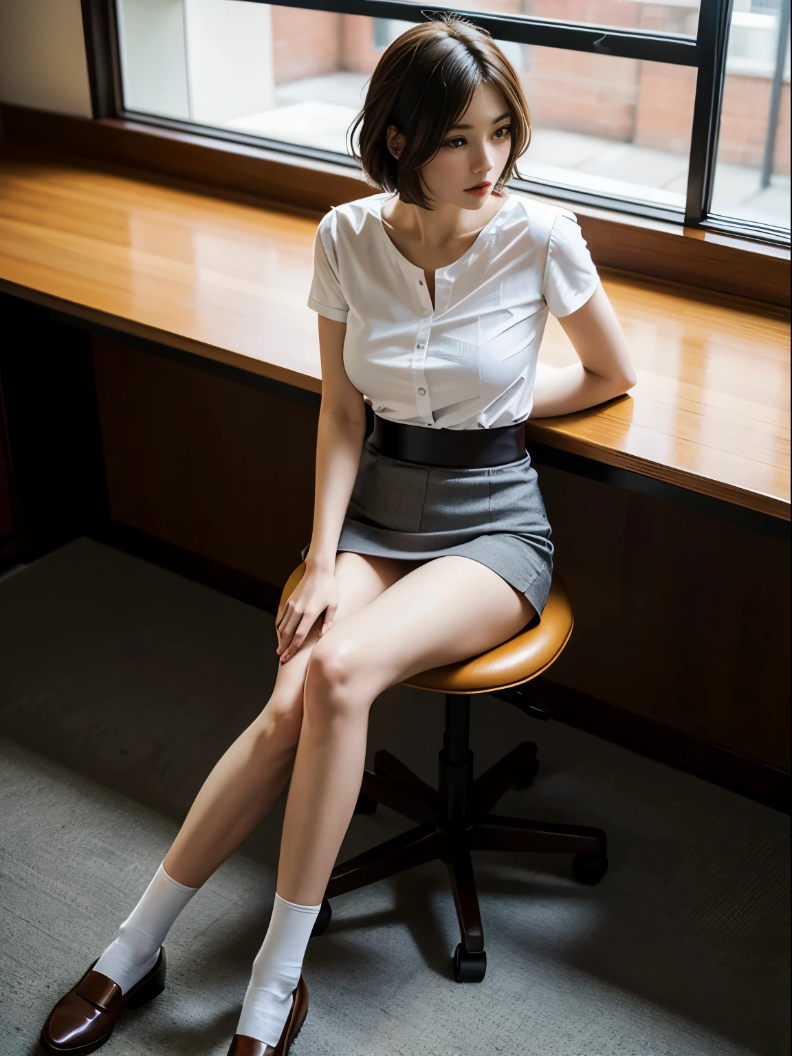 1 girl，young girl，Medium chest,Shiny skin breasts，nice leg line：1.3，thin waist，tic，short skirt in grey, white panties, socks, brunette colored hair, shirt, blurry, blurry背中, knee high, 白のshirt, bass, true to life, brown hair,short hair,lustful lips,   Landscape, outside, brown footwear, master piece, highest quality, super detailed（（pencil skirt）），Watch the audience from below，（lace pantyhose：1.3），（Golden Ratio Chart），（office room，sit on a chair：1.3），Close-up masterpiece，best quality，best perspective，very detailed複雑な，very sophisticated and beautiful，highest qualityの光，（ray tracing：1.1），anti-aliasing，
Realistic，Realistic，award-winning illustrations，（intricate details：1.2），（exquisite details）（intricate details），（cinematic light，highest qualityのバックライト），clear lines，fix a sharp focus，official art，unity 8k wallpaper，absurd，incredibly ridiculous resolution，huge file size，super detailed，High resolution，very detailed、very sophisticated and beautiful，RAW photo，professional lighting，dynamic lighting，face light，Depth of the bounds written，single focus，