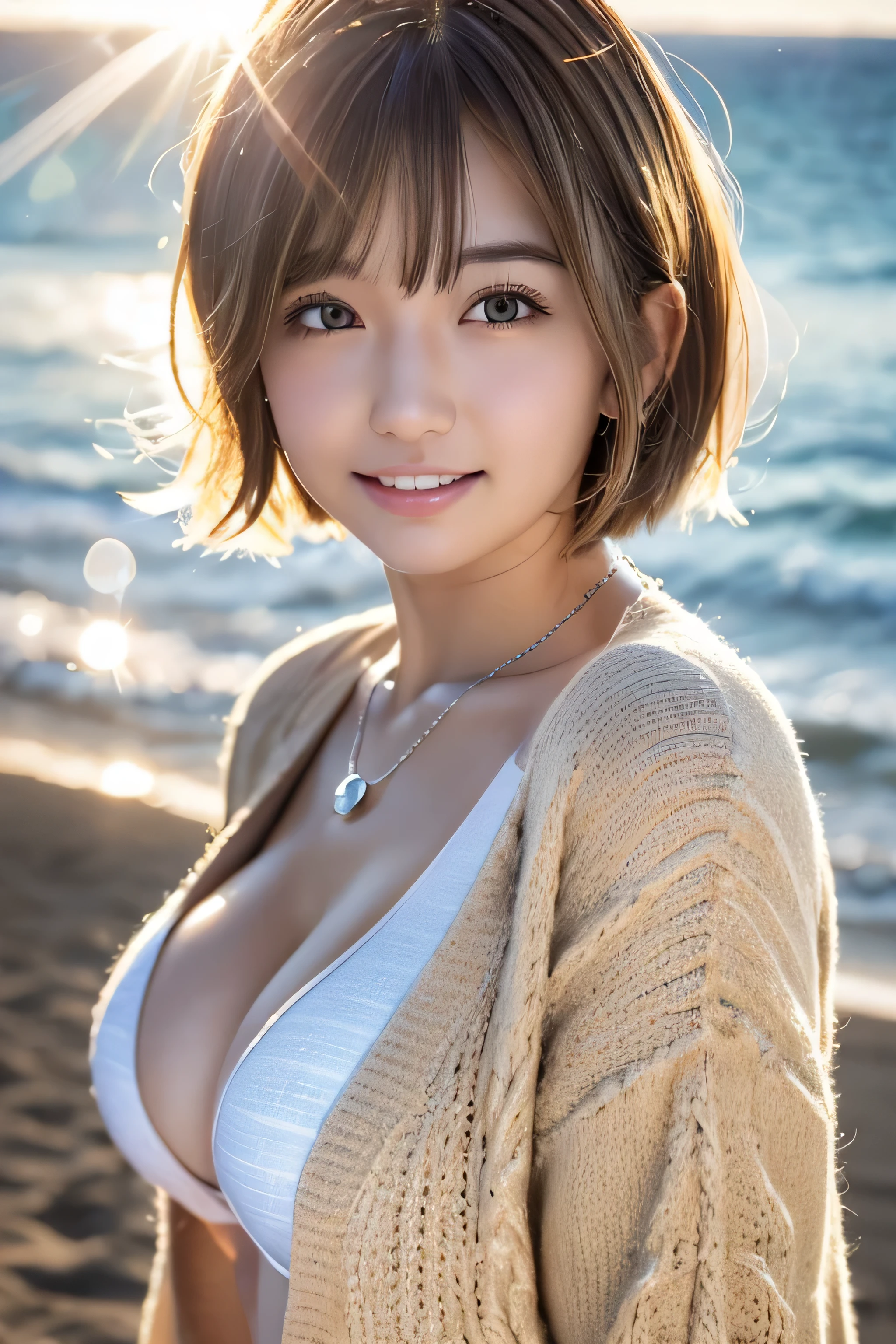 ((swimsuit、No makeup、G cup、big breasts、silver necklace、close your mouth:1.2))、(realistic、Photoreal、super detailed、best detailed skins、highest quality、masterpiece、超A high resolution)、cute russian woman、17 years old、high school girl、young girl、1 girl、have bangs、ash blonde:1.7、double eyelid、drooling eyes、Japanese style face、purity、double teeth、realistic skin type、(I cut my hair short、Shaggy cut cardigan that bounces outwards:1.2).fluffy hair、red cheeks、Lighting from behind、I went to the beach in the middle of winter lol Waikiki Beach in Hawaii、In a gingham checked bikini、With a smile、((Lens flare:1.3))、Because I come from a snowy country、It&#39;s so hot www？It&#39;s time to take it off？