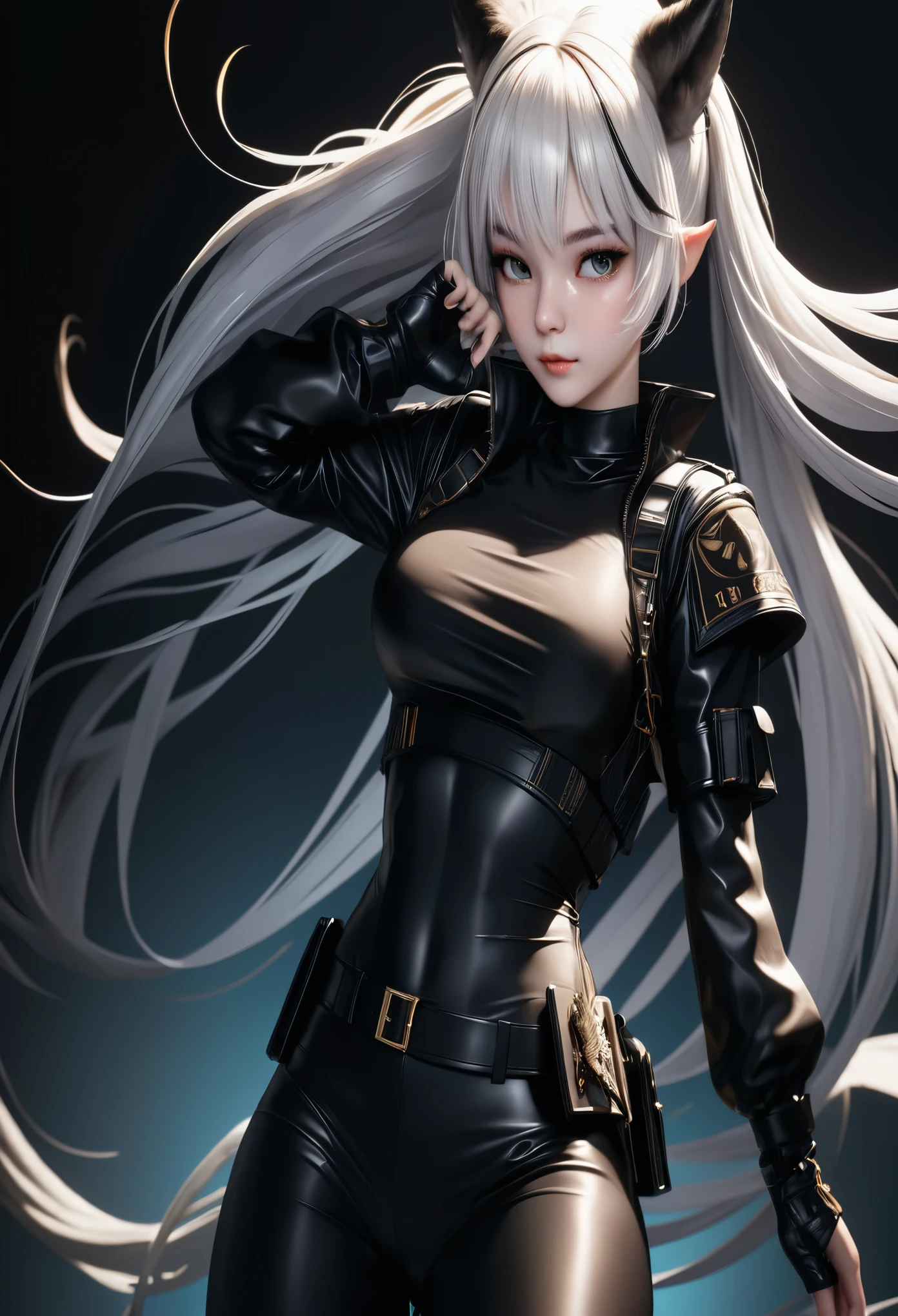 In this mesmerizing artwork, we are presented with a true masterpiece that captivates the viewer with its astonishingly high resolution and unparalleled level of detail. Created in an absurdly detailed 8K resolution, this image showcases the cutting-edge technology of ray tracing, resulting in realistic lighting and shadows that bring the artwork to life. The focal point of the artwork is a shoulder-length haired teenage girl, adorned with two elegant white fox ears with black tips on her head. Her unique appearance continues with a mesmerizing slim body that seamlessly merges with her long white scaled dragon tail. This tomboyish character stands tall and confident, wearing military boots, black leggings, and military combat shorts. Her black T-shirt perfectly complements the white military jacket that is left open. Her medium size brest stick out through the open jacket.Her two large elegant and detailed white dragon wings are stretched out.