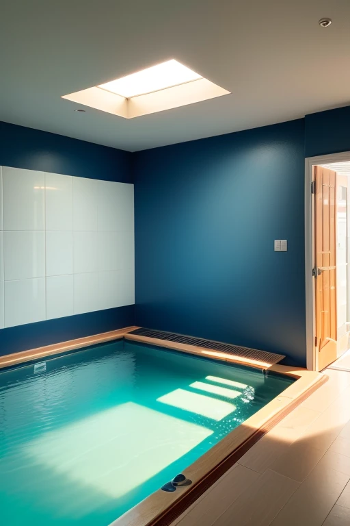 Liminal space, dream core, nostalgia core, Anemoia, Kenopsia, Poolrooms, Blue-green water, light reflecting off water, light shining through water, White, pale blue, and Navy colored wall tiles, no discernable source of lighting, no windows, dimly lit, soft colors, vivid colors, pastel colors, soft shading 