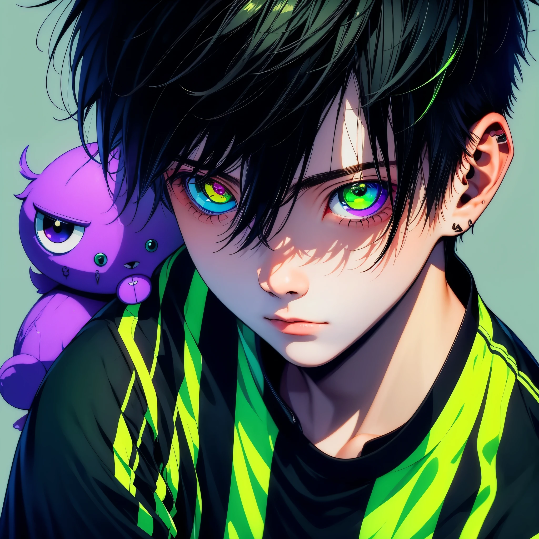 (1boy,masculino,Short hair,(alone)),soccer uniform , heterochromia , one eye green , one eye purple