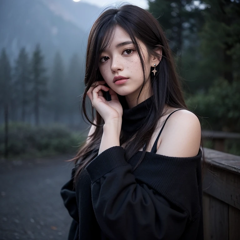 girl, brunette, cherry earrings, emo,fog, cold, steam, fog black hair, shoulder-length hair, brown eyes, black clothes, night, fog, stars, frost, bright moon brunette girl , gray hair, curly hair, messy hair, fluffy hair, black eyes, freckles, pale skin, black clothes, dark, tired, emo style, fog, night, night forest, stars