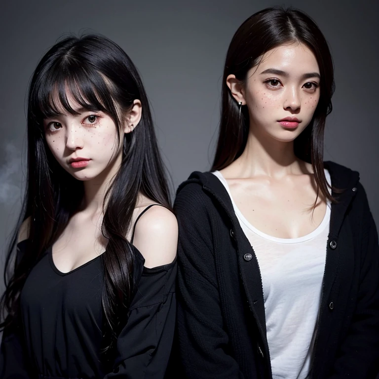 girl, brunette, cherry earrings, emo,fog, cold, steam, fog black hair, shoulder-length hair, brown eyes, black clothes, night, fog, stars, frost, bright moon brunette girl , gray hair, curly hair, messy hair, fluffy hair, black eyes, freckles, pale skin, black clothes, dark, tired, emo style, fog, night, night forest, stars