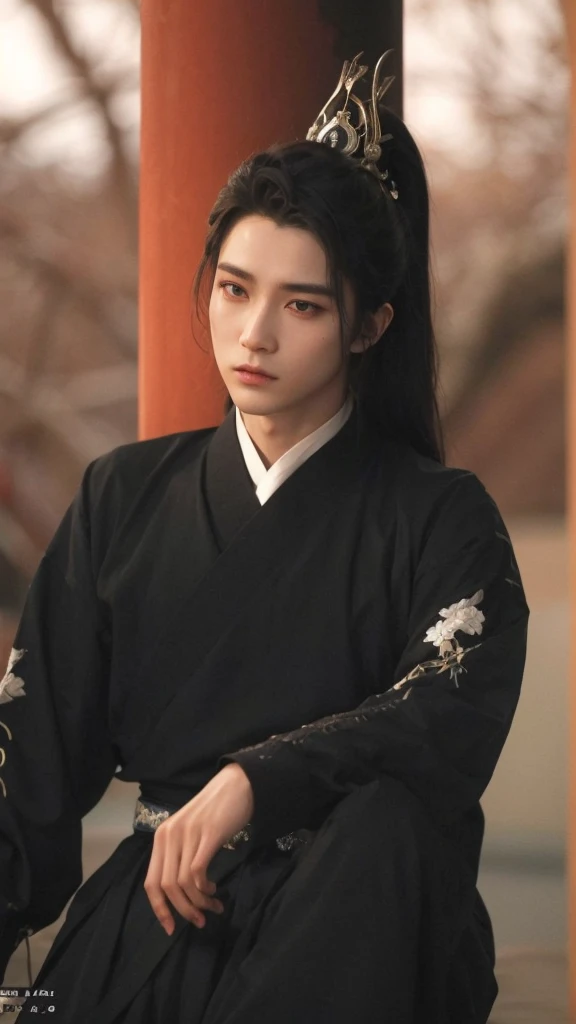 trimmed man with blue and white shirt and pants sitting on a bed, cai xukun, handsome androgynous prince, inspirado em Jeon Jungkook, jovem, inspirado em BTS, handsome chinese prince, cai xukun, inspirado em Zhang Han, handsome androgynous prince, cabelos soltos e vestes longas, hanfu, delicate androgynous prince, hanfu branco, inspirado em Wu Daozi, com cabelos longos brancos, vestindo vestes vermelhas douradas, com longos cabelos brancos obra de arte, Melhor qualidade, (papel de parede extremamente detalhado da unidade CG 8k), (Melhor qualidade), (best illustration), (melhor sombra), absurdos, realistic lighting, (Abismo), lindo brilho detalhado