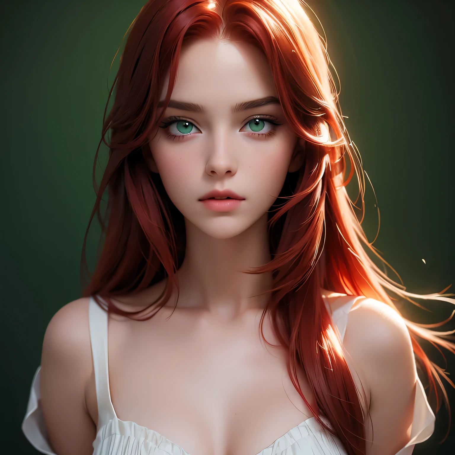 1girl, semi-realistic, red hair, long straight hair, green eyes, monolid eyes, beautiful pretty lady, cute dress, upper body, stare straight, innocent looks, wides lens, looking at viewer, photo studio