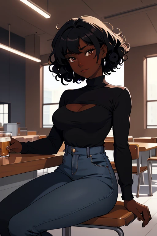 (masterpiece: 1.2, best quality), 1 lady, alone, Sitting in a style cafeteria , daytime, sitting, black hair, extremely curly hair, dark eyes, no cleavage, dark skin, comfy clothing style, no bangs , medium breasts, High collar closed shirt, Latina, turtleneck shirt closed to the neck 