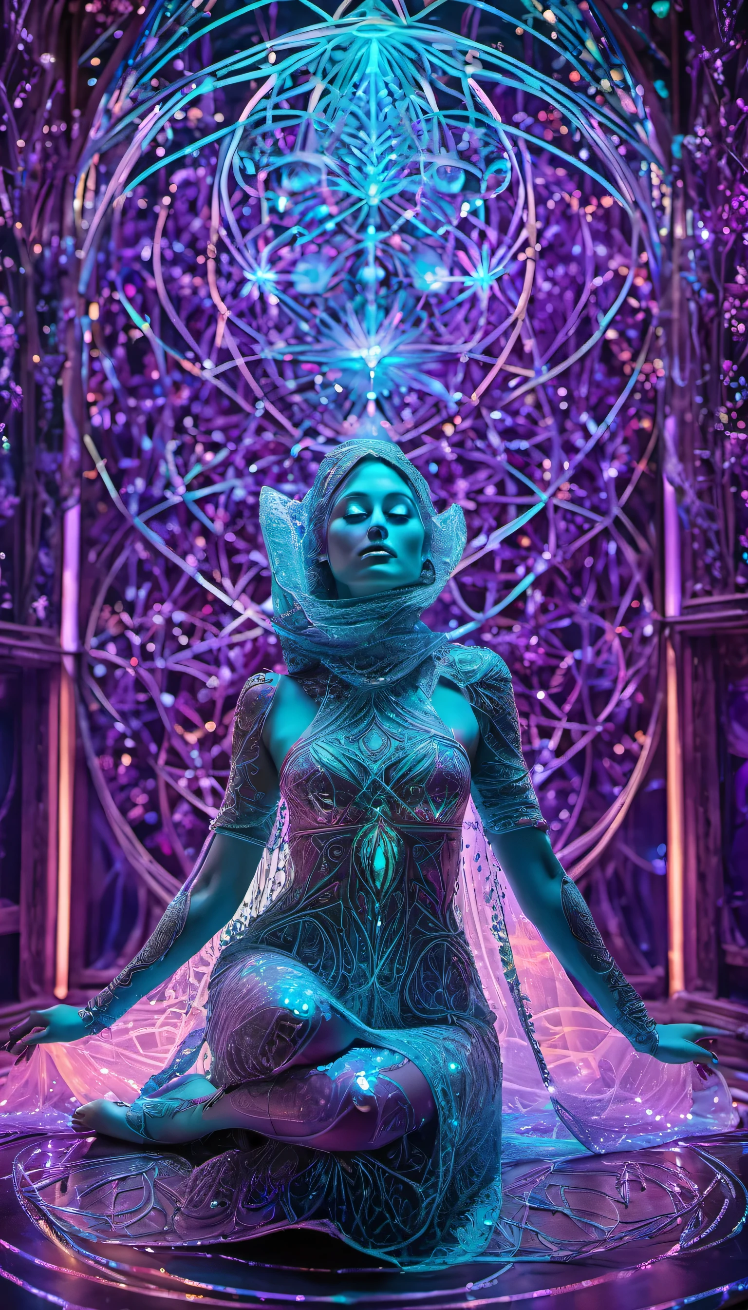 Meisterwerk, Best quality, ultra high resolution, extremely detailed, (psychedelische Kunst:1.4), Frau, veil, Optisch atemberaubend, Nice, award-winning illustration, kosmischer Weltraumhintergrund, ethereal atmosphere, Ultra quality, Nice girl, Kosmisches Konzept, 3D hologram cords, durchsichtige haut, perlmuttblutige Adern, die aus der Dunkelheit wachsen und sich verflechten, genagelter Draht, Aus ihm sickerte dickes blaues Blut, scharfes Neon, Adern wachsen und pumpen Blut, Vascular networks grow, Purple turquoise 3D hologram shiny veins everywhere, leuchtender Raum, leuchtende Sterne, inspired by “Celestial Dreams”. auf einem fremden Planeten, in einem ausserirdischen Tempel