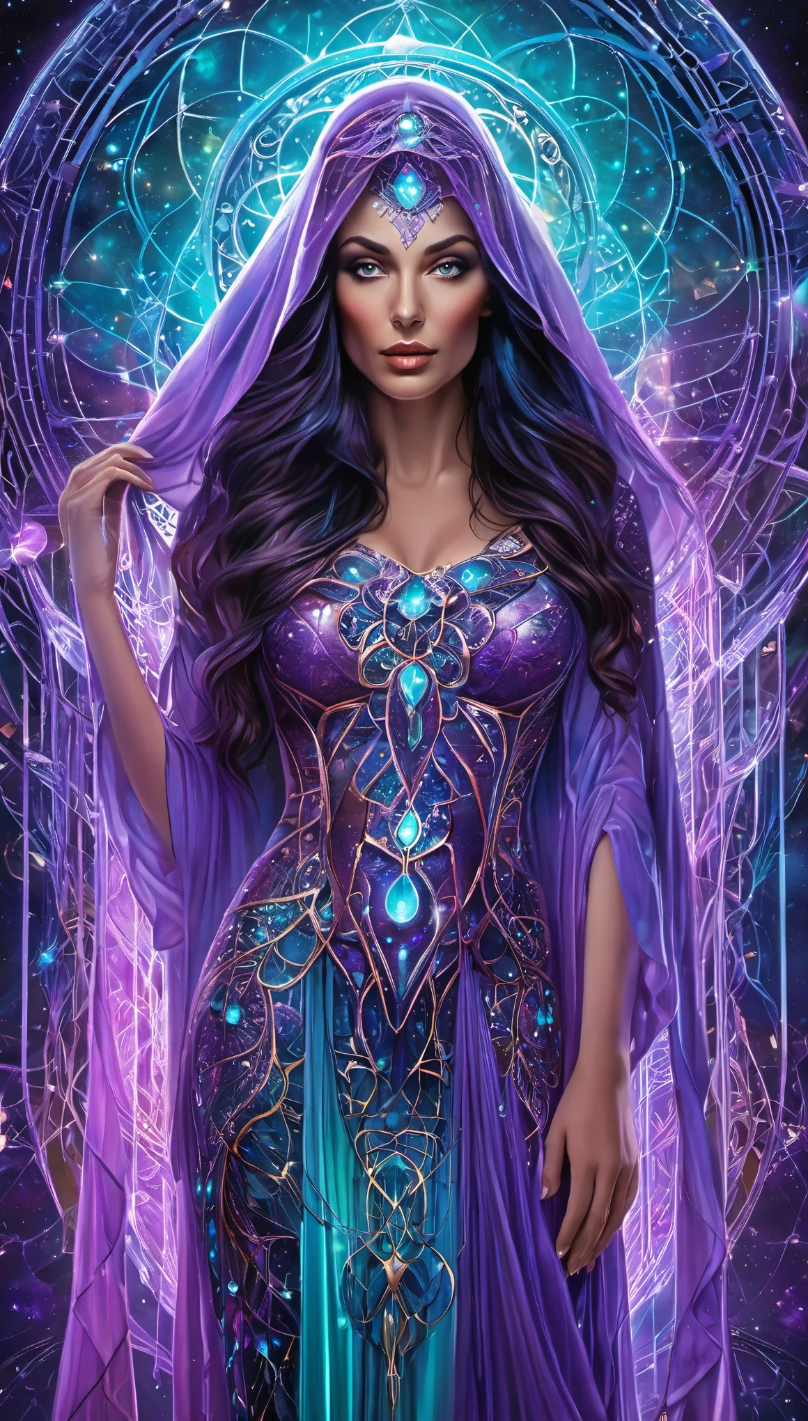 Meisterwerk, Best quality, ultra high resolution, extremely detailed, (psychedelische Kunst:1.4), Frau, veil, Optisch atemberaubend, Nice, award-winning illustration, kosmischer Weltraumhintergrund, ethereal atmosphere, Ultra quality, Nice girl, Kosmisches Konzept, 3D hologram cords, durchsichtige haut, perlmuttblutige Adern, die aus der Dunkelheit wachsen und sich verflechten, genagelter Draht, Aus ihm sickerte dickes blaues Blut, scharfes Neon, Adern wachsen und pumpen Blut, Vascular networks grow, Purple turquoise 3D hologram shiny veins everywhere, leuchtender Raum, leuchtende Sterne, inspired by “Celestial Dreams”. auf einem fremden Planeten, in einem ausserirdischen Tempel