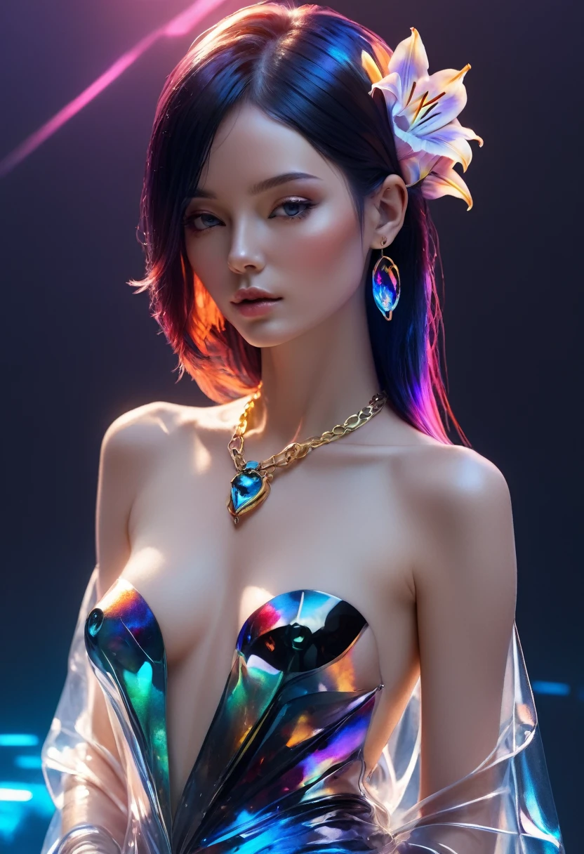 ((One, 1 girl, tattoos, glowing tattoos, brilliant, white-fluffy 16+), (skull, Flowers), (black transparent dress-clothing)), (sexual, erotic)) _((Delicate scarlet lips), (straight black hair - long, basic moments, blue, cascade), (multi-colored brilliant hair), (cool shine, Wet straight hair))_((stylization; clear line, clear outline, high quality line drawing, shading))_((simple color palettes), (color fill, Color saturation, saturation, harmony, balance), (rich pastel colors, Pure colors), (cyberpunk))_((sexual, erotic), (simple, Minimum accessories), (Necklaces and thin rings made of silver or gold.), (simple bracelets, unusual designs, simple silhouettes), (erotic style))_((background),(abstract minimalism), (stunning cybernetic Flowers), ( lilies, extremely unusual, long stems - large stems, skull, Flowers)).