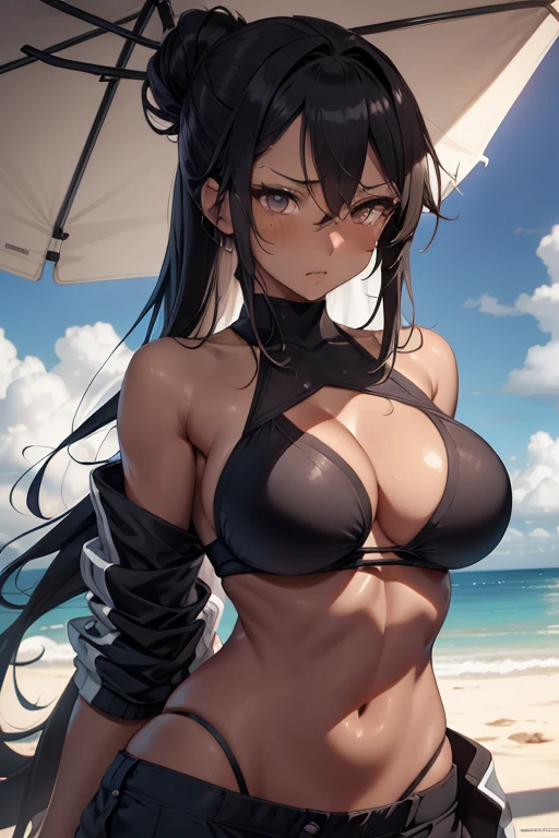 Beautiful tanned anime girl, slender waist, curvy hips, long wavy hair tied up in a messy bun, expressive brown eyes filled with distress, wearing a vibrant bikini top and cargo pants, lying on the sandy beach, hands clutching her stomach in pain, pale cheeks showing signs of hunger and punishment, her body weakened by starvation, the sun casting long, dramatic shadows, the atmosphere tense, ultra-detailed rendering, realistic textures, high-resolution, HDR, muted colors, focusing on the girl's anguished expression and the creases on her stomach, softly lit, professional artwork.
