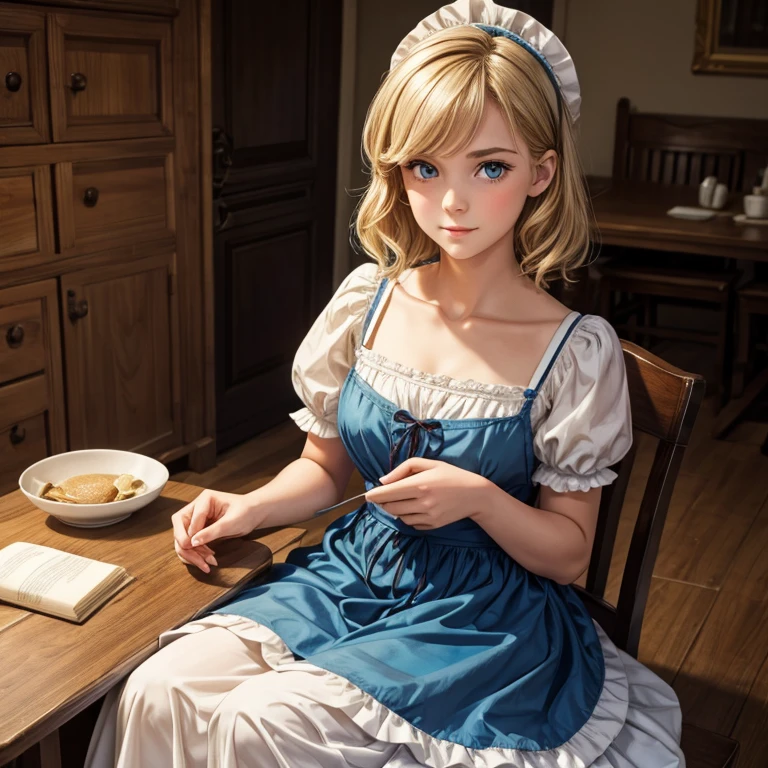 Eloise Fontaine is a servant maid who is very kind, sweet, and gentle. She is also very skilled at sewing and is a talented medic. She has short, cropped, dirty blonde hair and pale skin. Her eyes are a greenish blue, and she has a very sweet and innocent expression. She is always willing to help others, and she is always there for those she cares about. She is young. She is 17. She is a maid in the castle. Female.