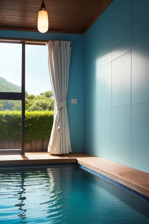 Liminal space, dream core, nostalgia core, Anemoia, Kenopsia, Poolrooms, Blue-green water, light reflecting off water, light shining through water, White, pale blue, and Navy colored wall tiles, soft colors, vivid colors, pastel colors, soft shading, no discernable source of lighting, absolutely no windows visible, no visible entrance or exit, dimly lit, darkly lit